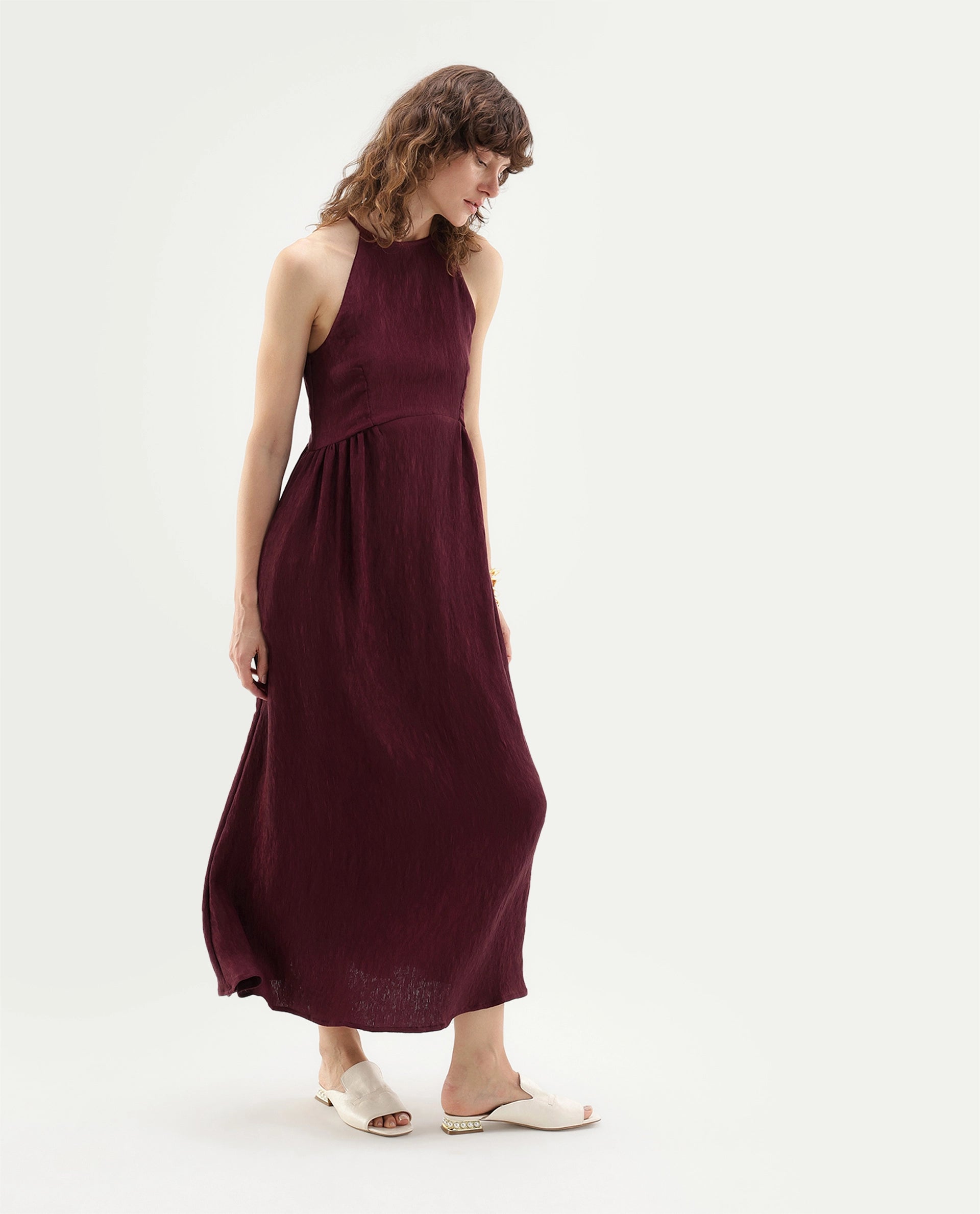 Rareism Women's Xabot Maroon Viscose Blend Halter Neck Sheath Plain Dress