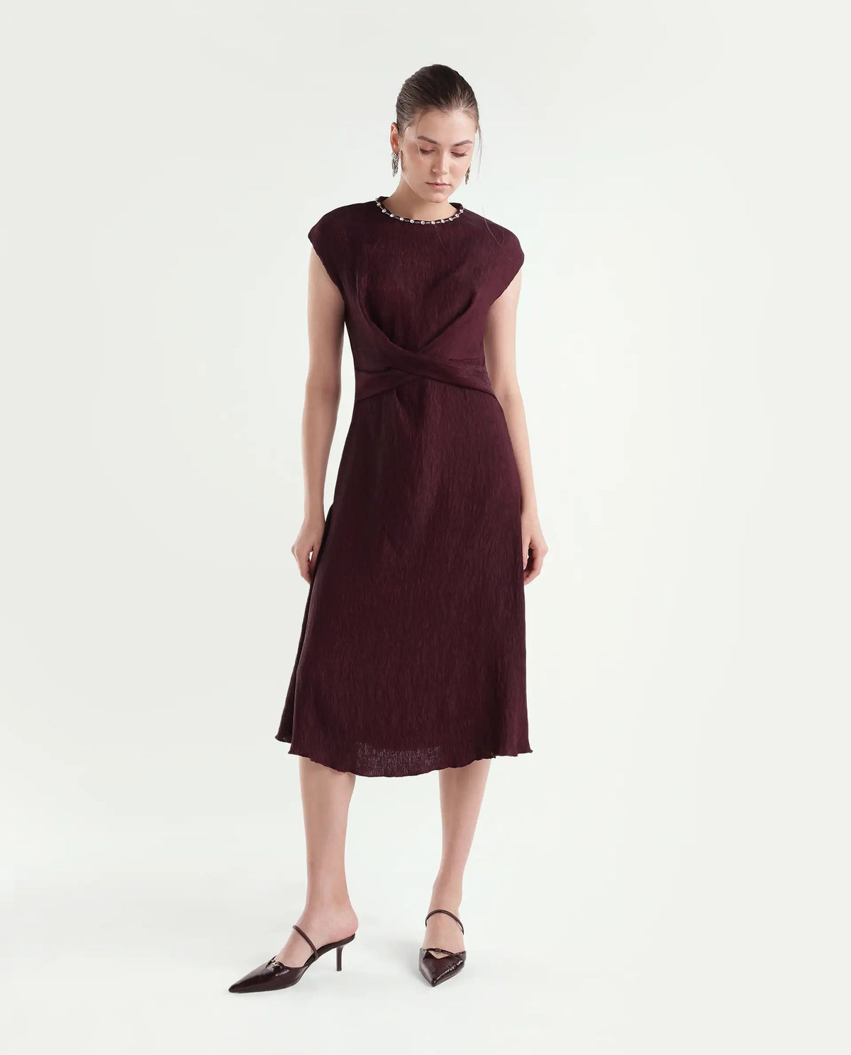 Rareism Women's Xiot Dark Maroon Viscose Blend Crew Neck Fit And Flare Plain Dress