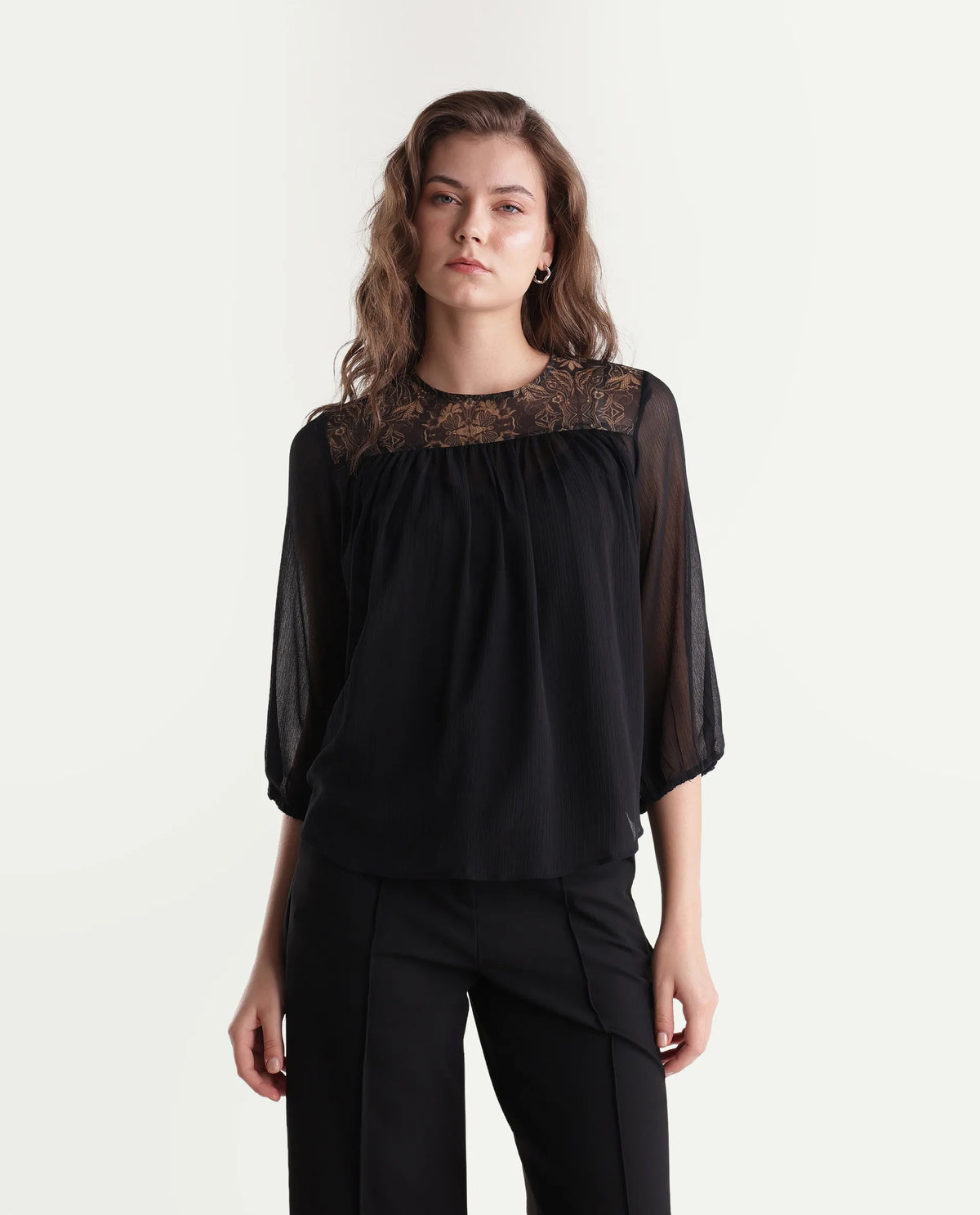 Rareism Women's Xando Black Polyester High Neck Regular Plain Top