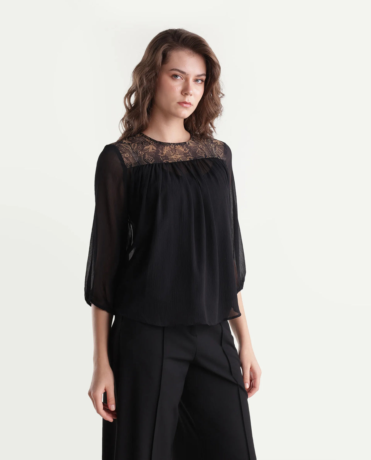 Rareism Women's Xando Black Polyester High Neck Regular Plain Top