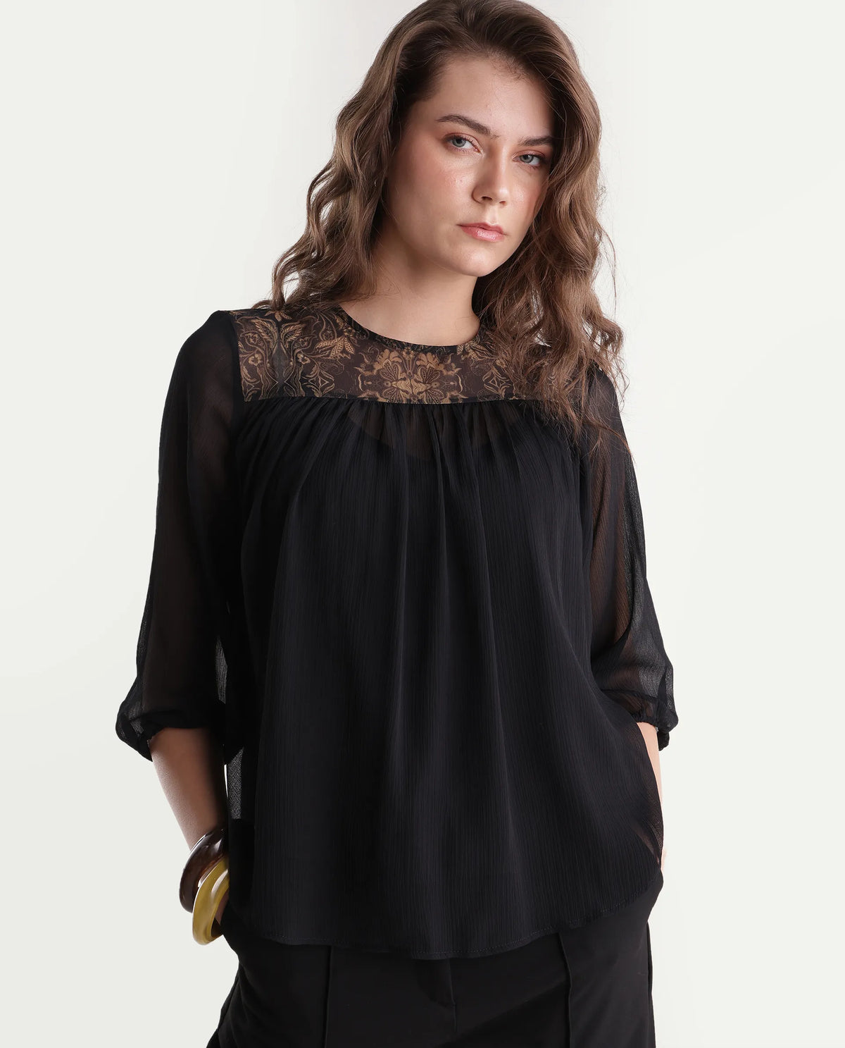 Rareism Women's Xando Black Polyester High Neck Regular Plain Top