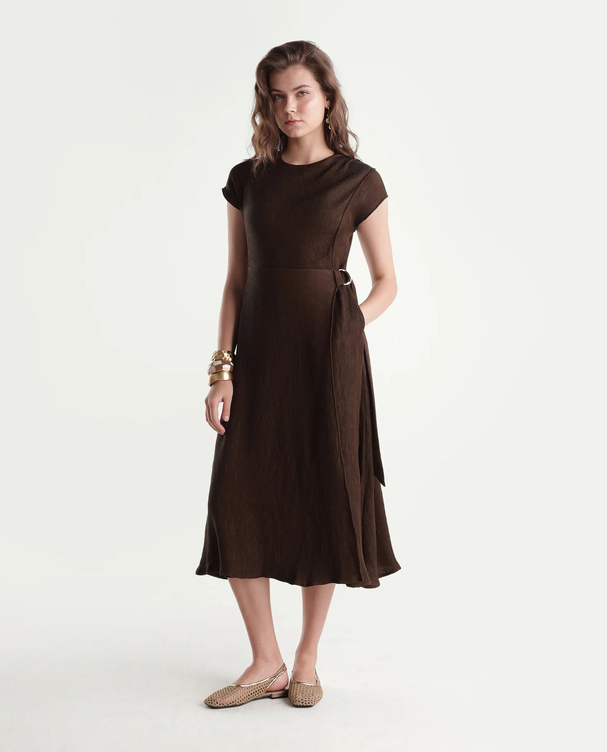 Rareism Women's Xara Dark Brown Viscose Blend Crew Neck Fit And Flare Plain Dress