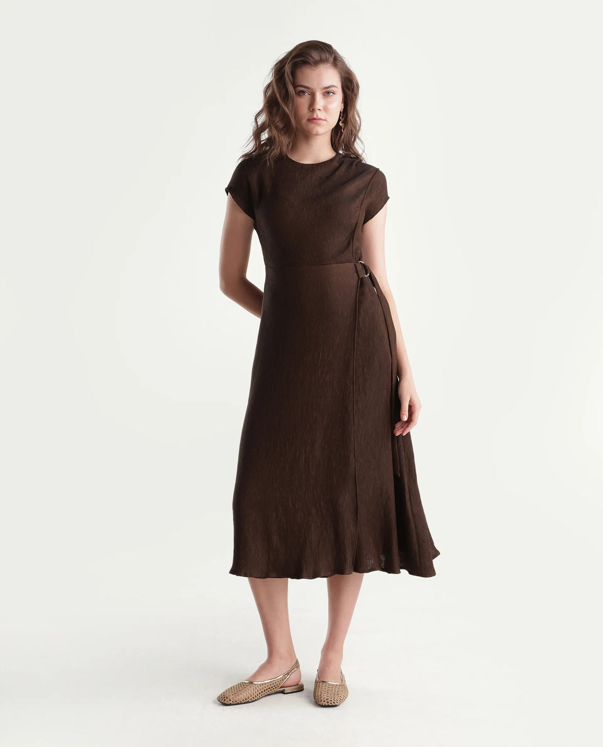 Rareism Women's Xara Dark Brown Viscose Blend Crew Neck Fit And Flare Plain Dress