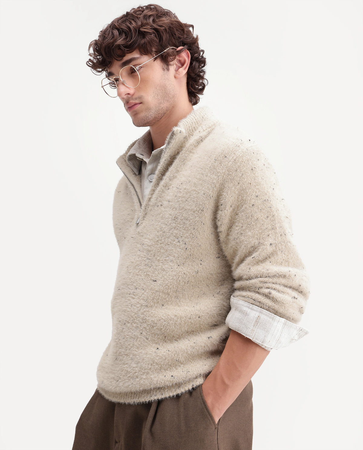 Rare Rabbit Mens Bolland Light Beige Acrylic Blend Stand Collar Regular Plain Sweater