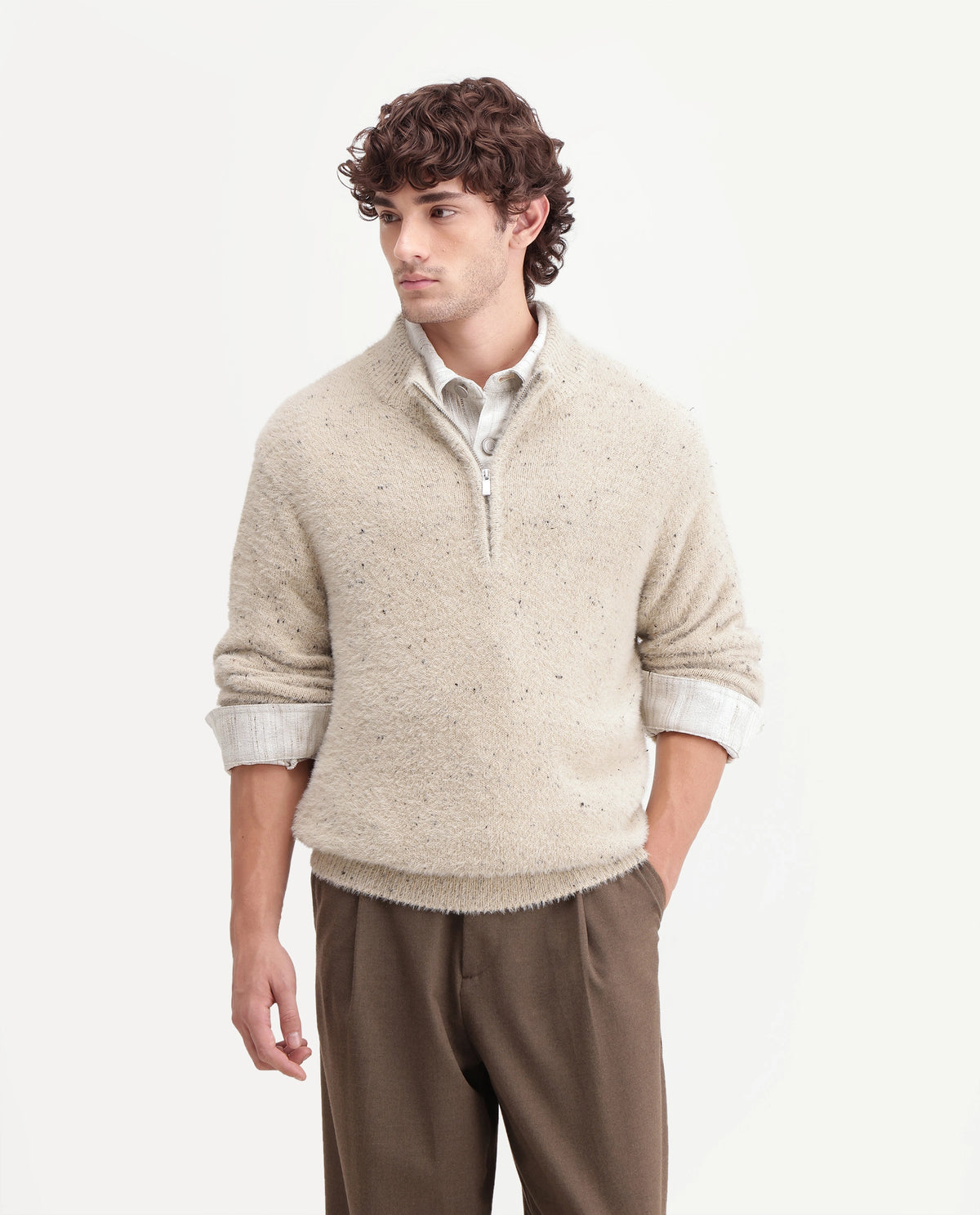 Rare Rabbit Mens Bolland Light Beige Acrylic Blend Stand Collar Regular Plain Sweater