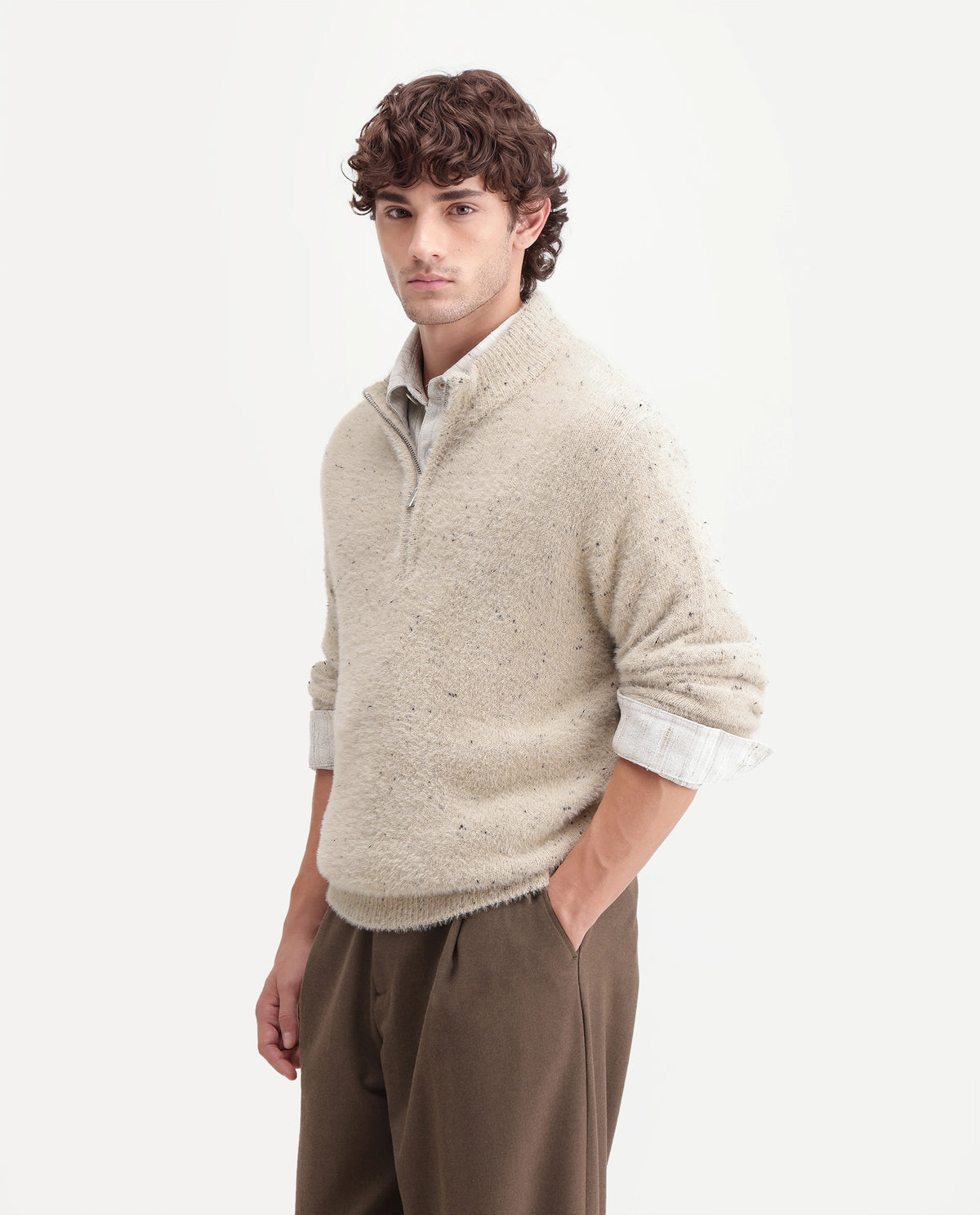 Rare Rabbit Mens Bolland Light Beige Acrylic Blend Stand Collar Regular Plain Sweater