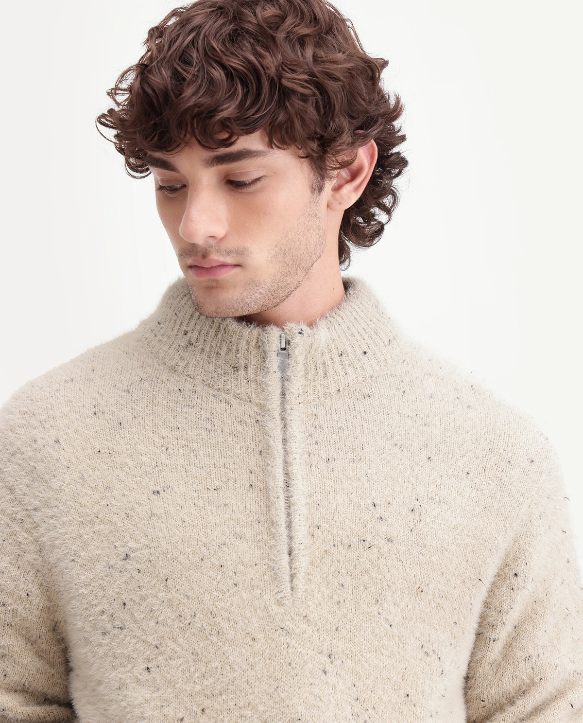 Rare Rabbit Mens Bolland Light Beige Acrylic Blend Stand Collar Regular Plain Sweater