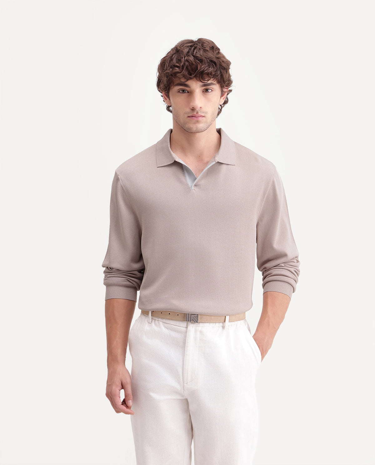 Rare Rabbit Mens Luma Beige Polyester Blend Spread Collar Regular Plain Polo