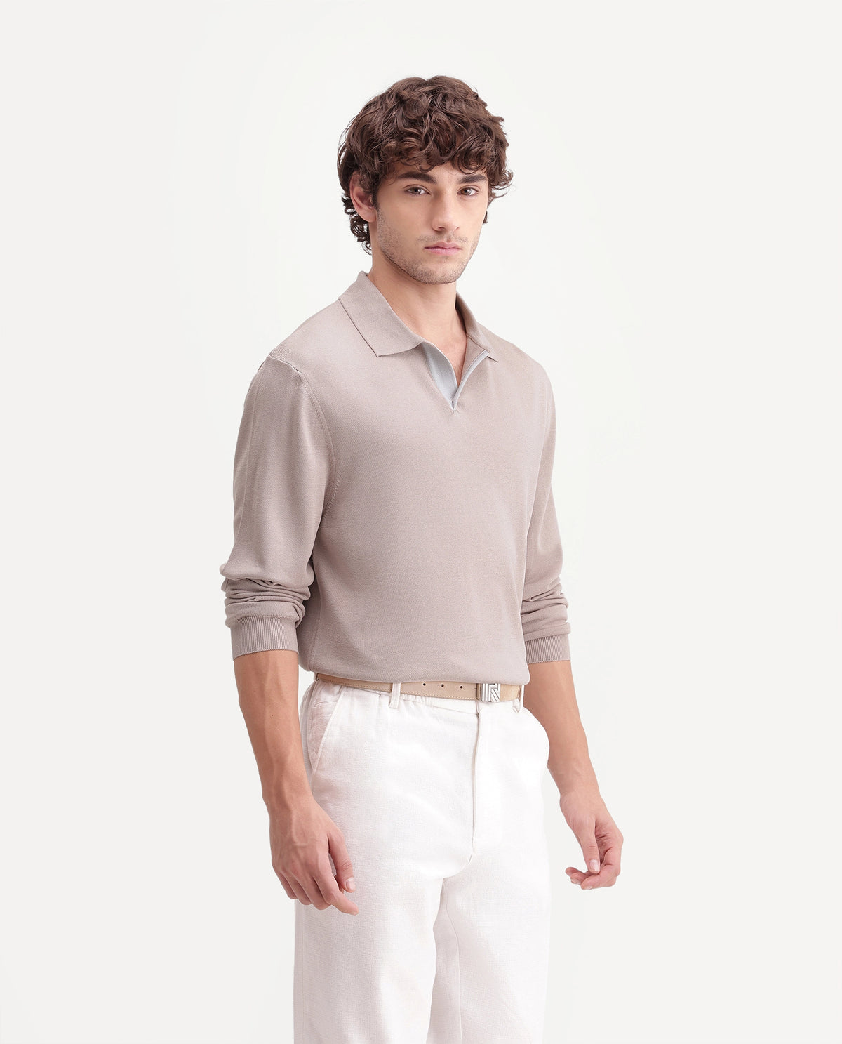 Rare Rabbit Mens Luma Beige Polyester Blend Spread Collar Regular Plain Polo