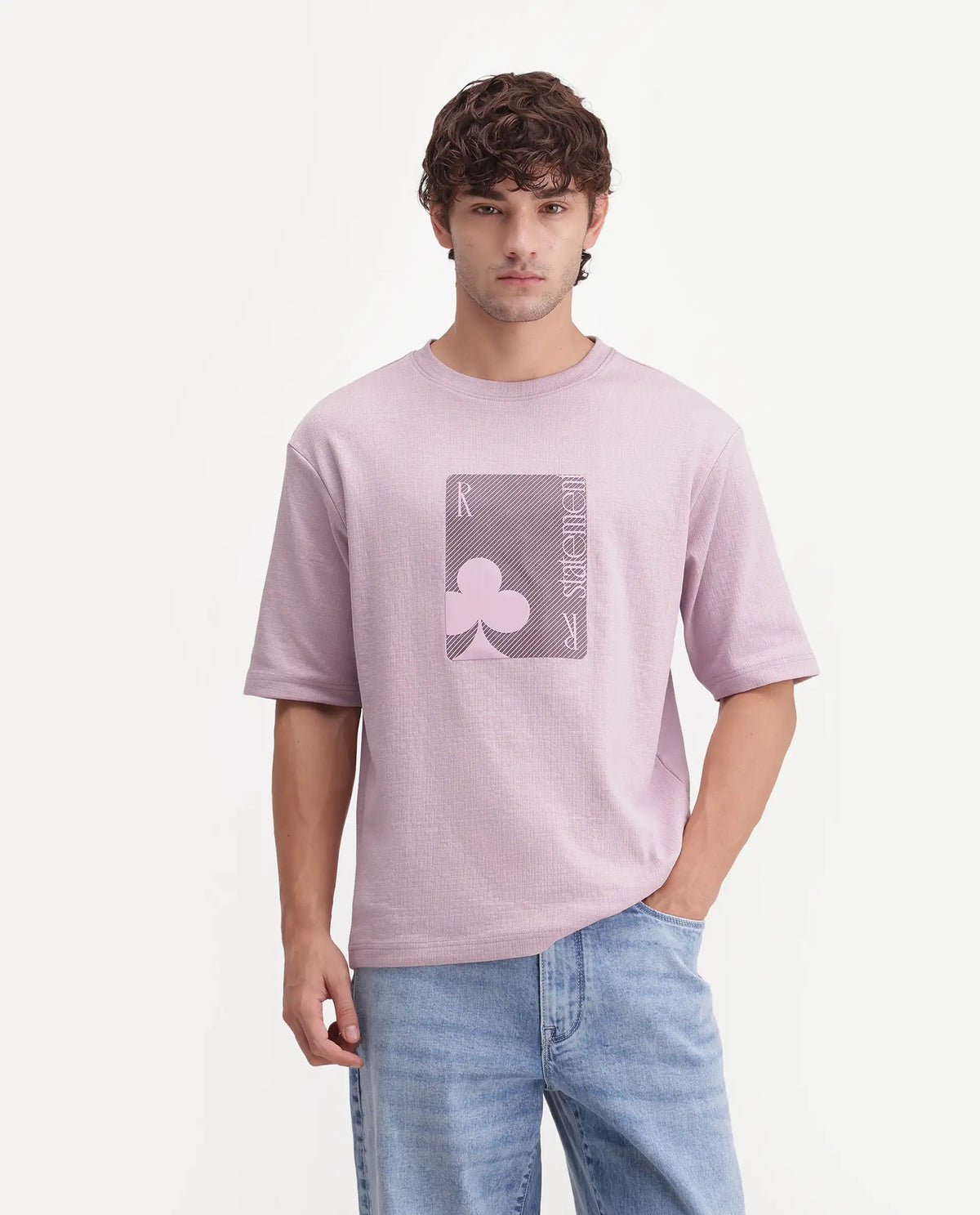Rare Rabbit Men's Auve Light Pink Cotton Blend Crew Neck Relaxed Graphic Print T-Shirt