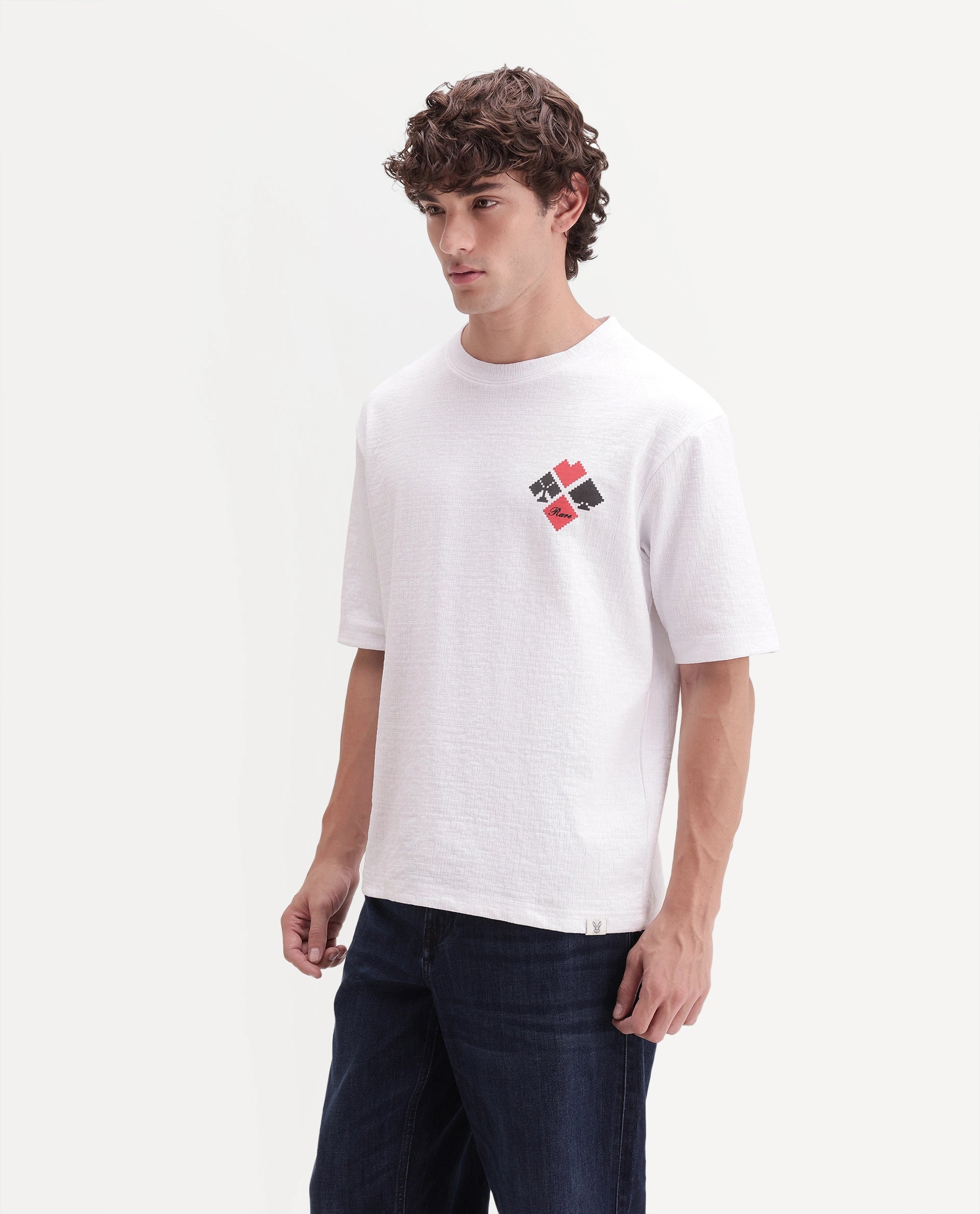 Rare Rabbit Men's Digon Off White Cotton Blend Crew Neck Regular Graphic Print T-Shirt