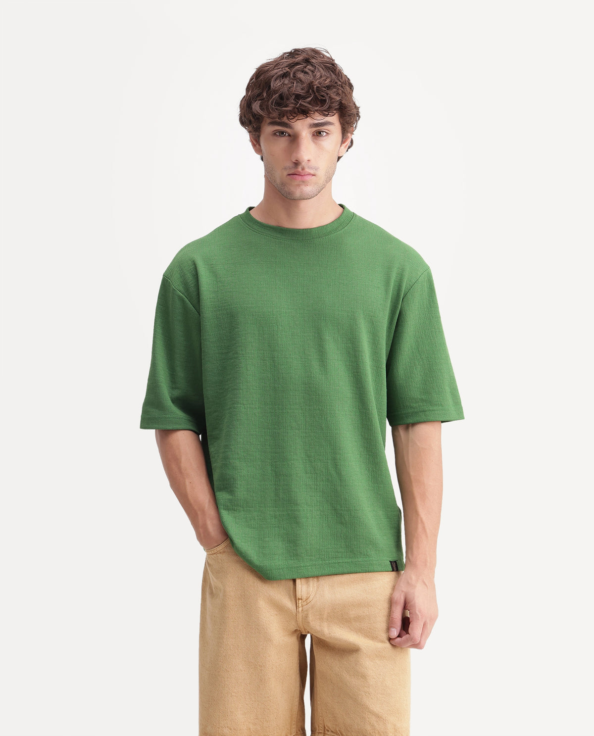 Rare Rabbit Men's Rodo Primary Green Cotton Blend Crew Neck Regular Plain T-Shirt