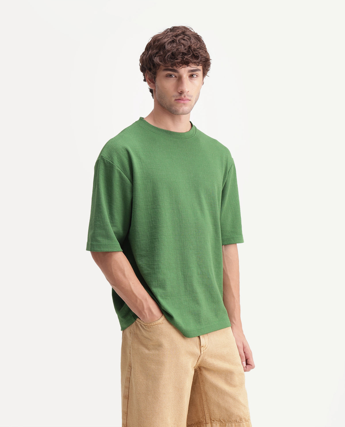 Rare Rabbit Men's Rodo Primary Green Cotton Blend Crew Neck Regular Plain T-Shirt
