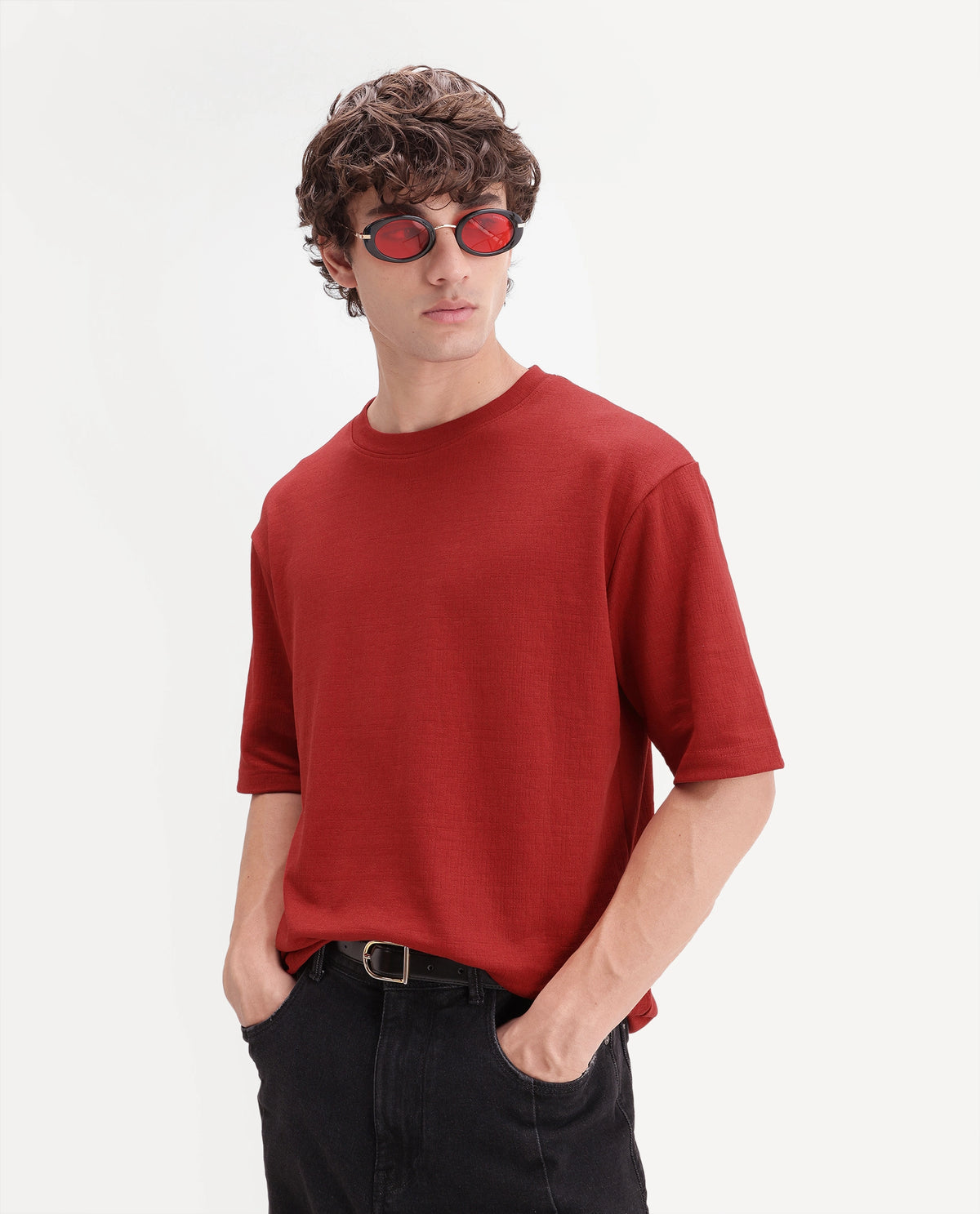 Rare Rabbit Men's Rodo Red Cotton Blend Crew Neck Regular Plain T-Shirt