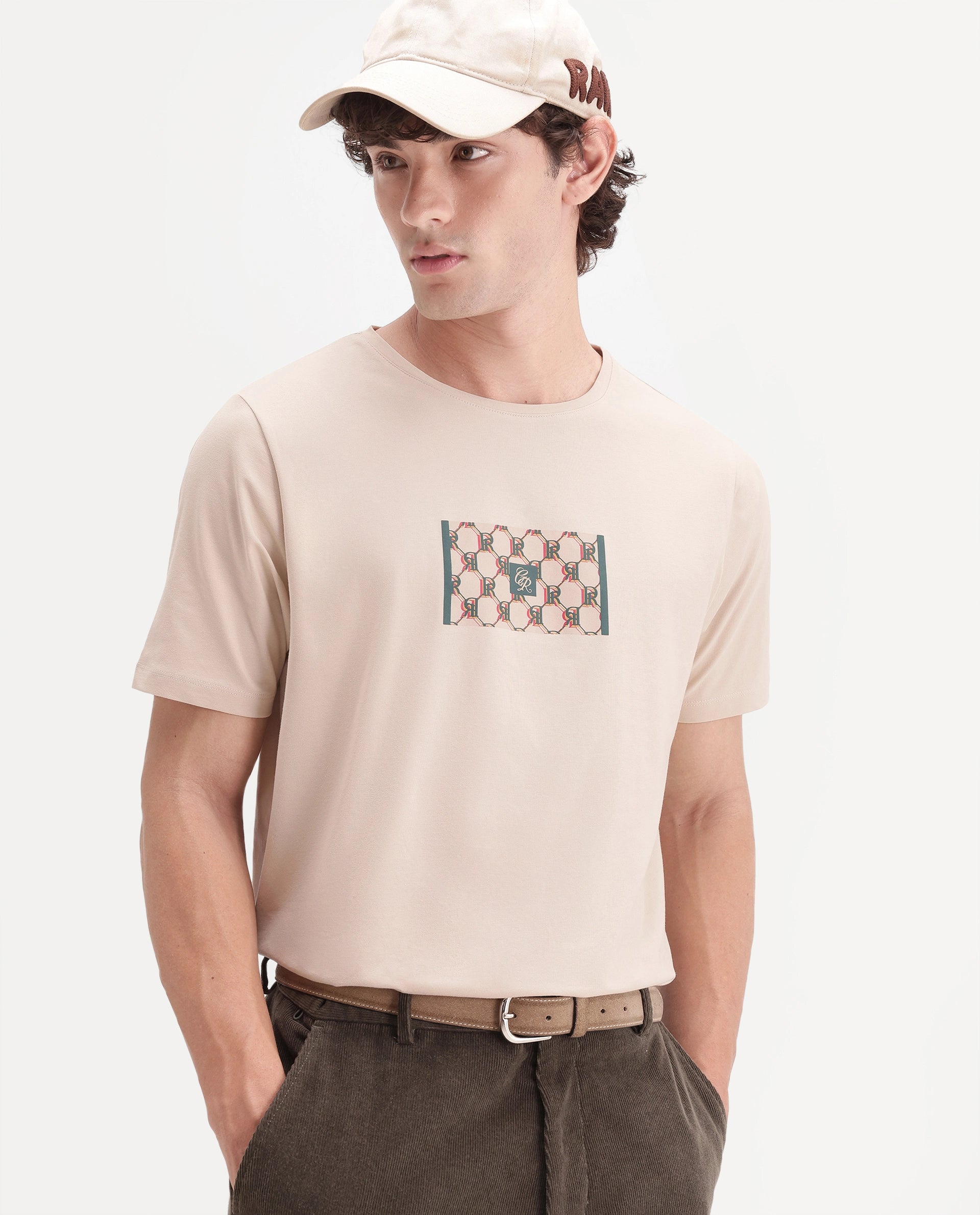 Rare Rabbit Men's Eze Light Beige Cotton Blend Crew Neck Regular Monogram Print T-Shirt