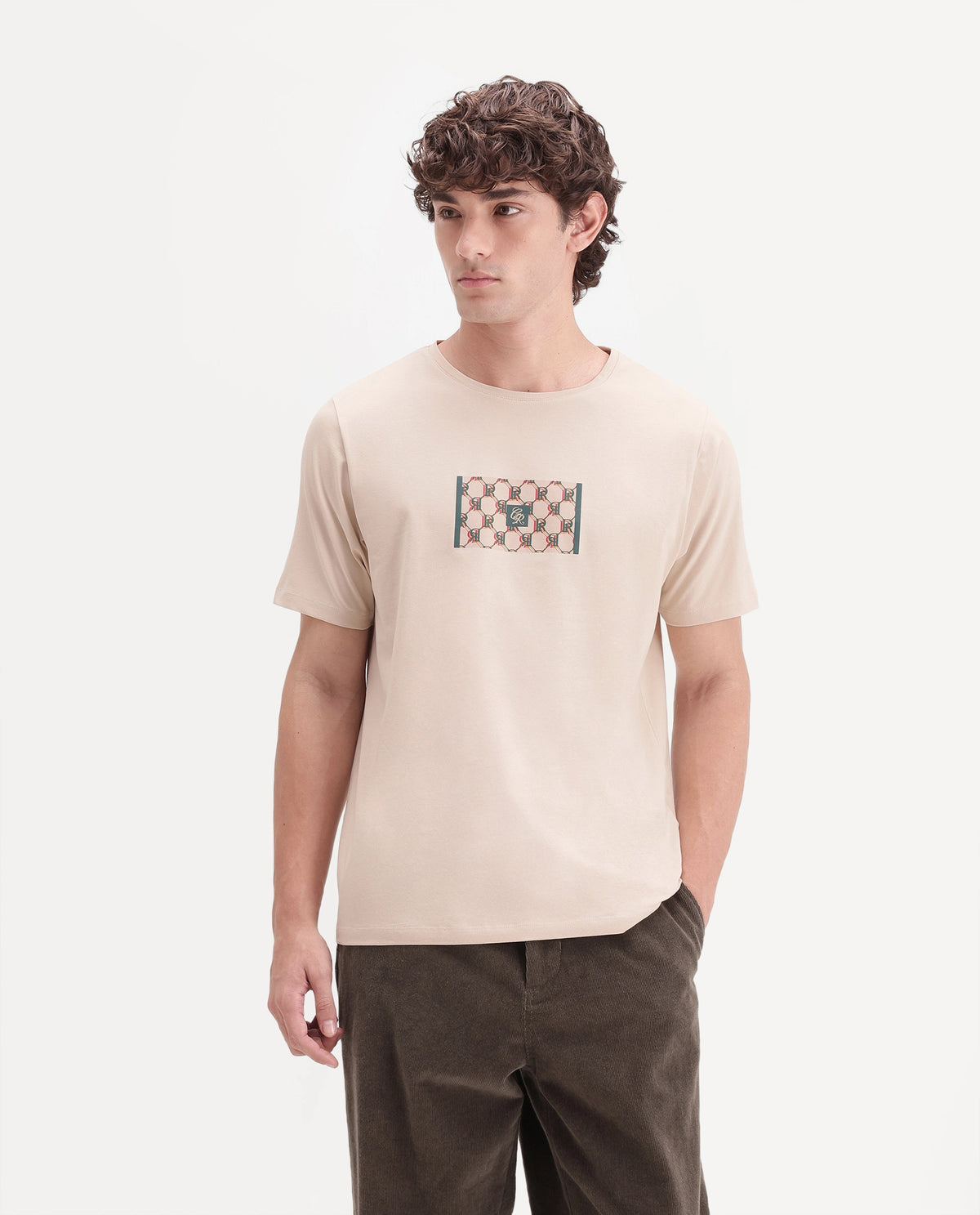 Rare Rabbit Men's Eze Light Beige Cotton Blend Crew Neck Regular Monogram Print T-Shirt