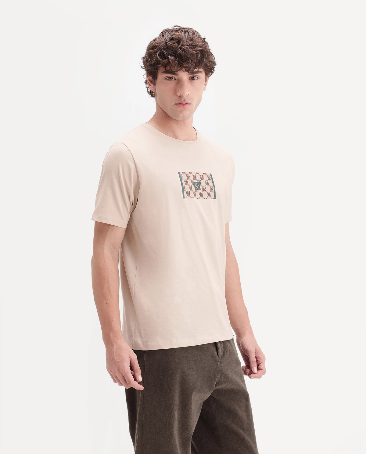 Rare Rabbit Men's Eze Light Beige Cotton Blend Crew Neck Regular Monogram Print T-Shirt