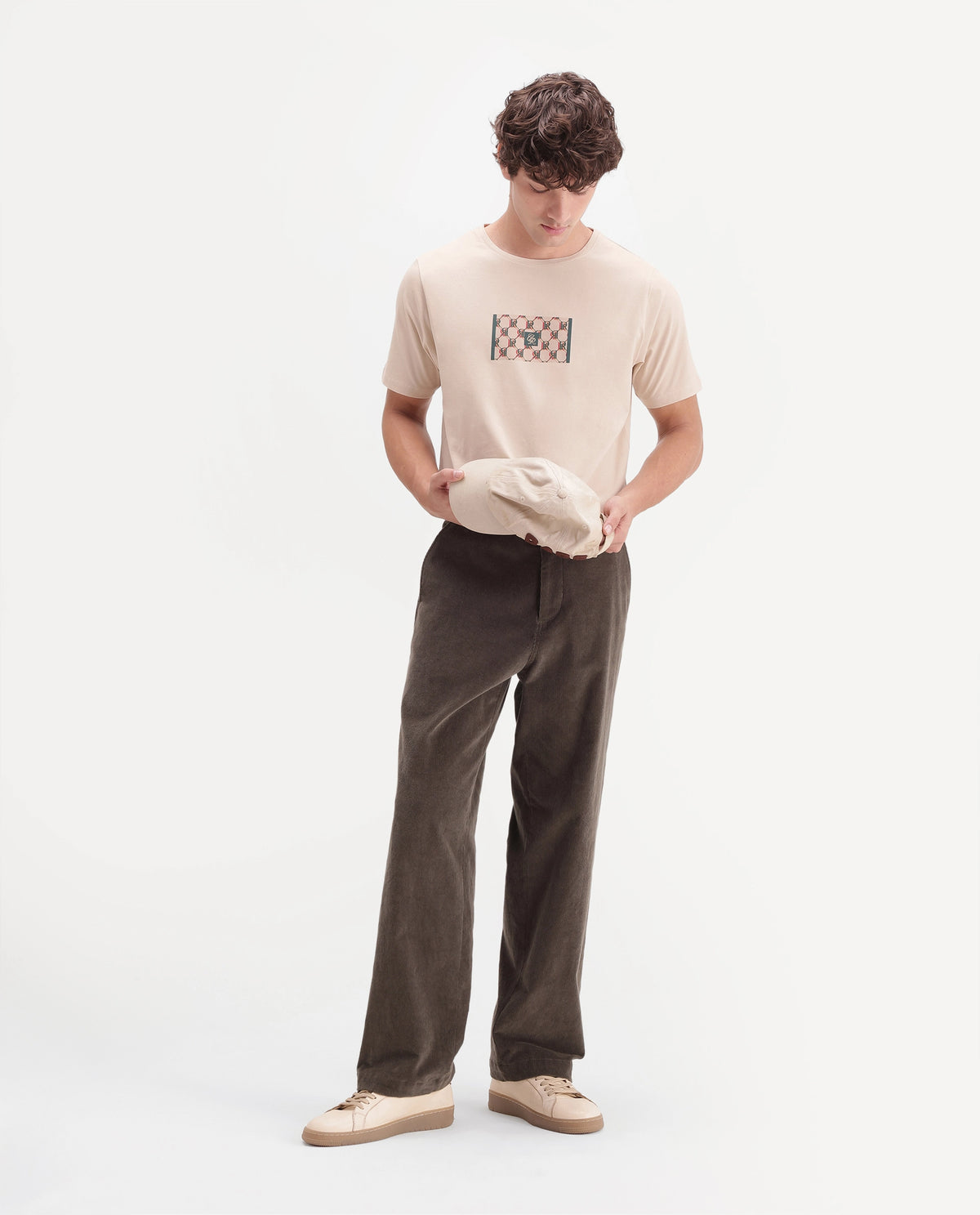 Rare Rabbit Men's Eze Light Beige Cotton Blend Crew Neck Regular Monogram Print T-Shirt
