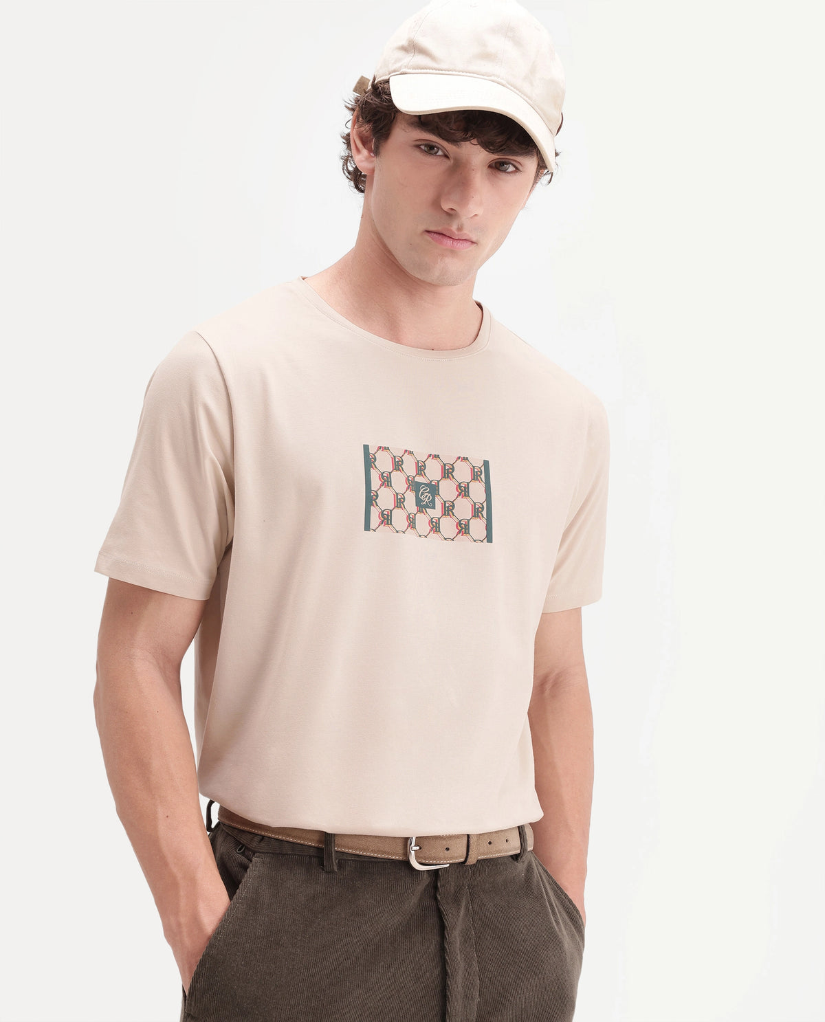 Rare Rabbit Men's Eze Light Beige Cotton Blend Crew Neck Regular Monogram Print T-Shirt
