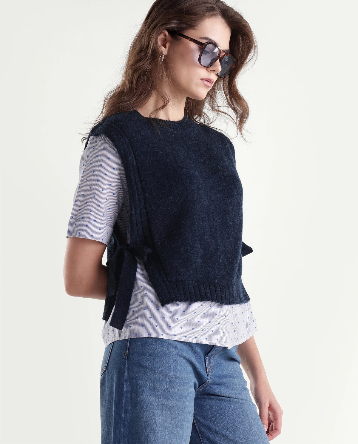 Rareism Women's Liro Primary Navy Acrylic Blend Crew Neck Regular Striped Top