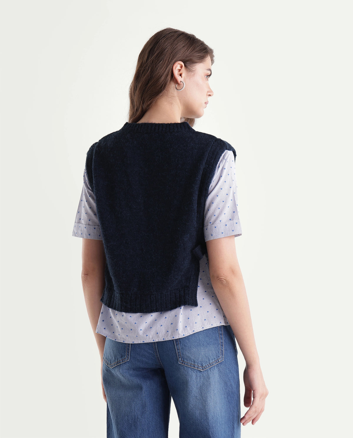 Rareism Women's Liro Primary Navy Acrylic Blend Crew Neck Regular Striped Top