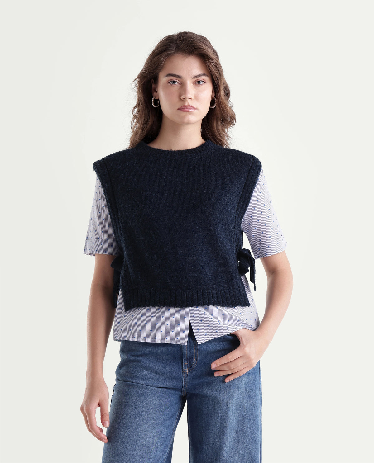 Rareism Women's Liro Primary Navy Acrylic Blend Crew Neck Regular Striped Top