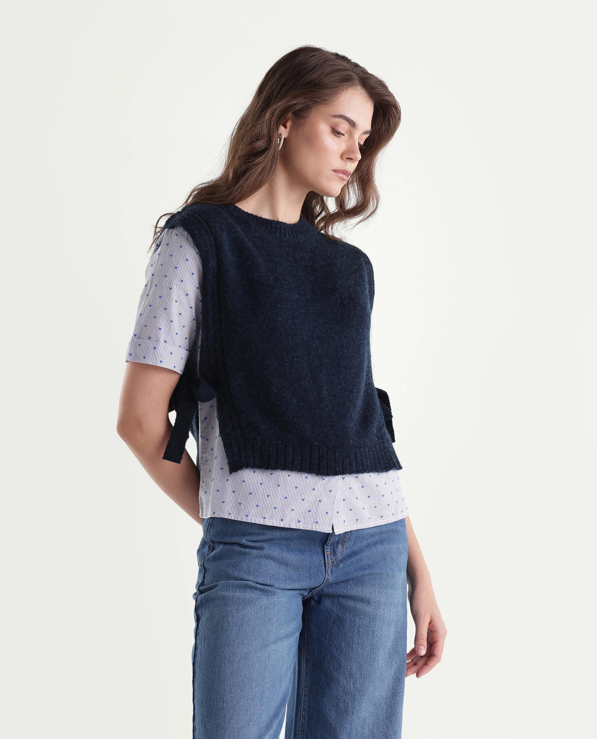 Rareism Women's Liro Primary Navy Acrylic Blend Crew Neck Regular Striped Top