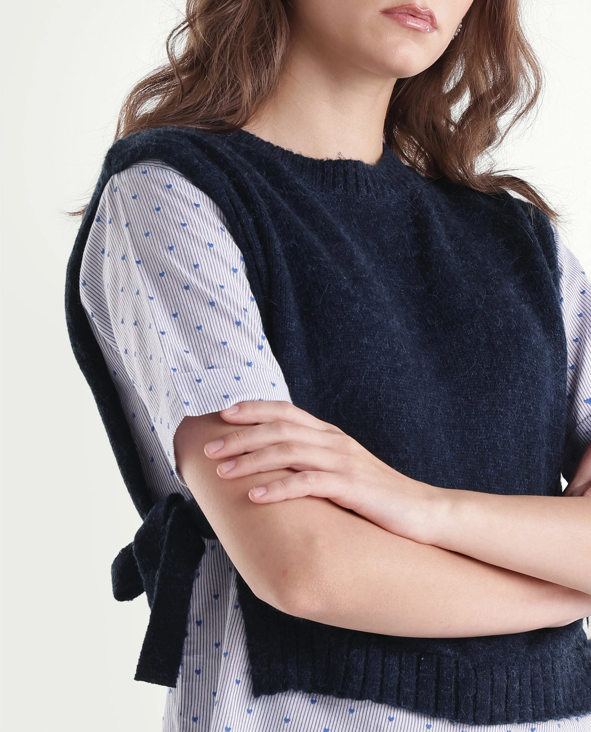 Rareism Women's Liro Primary Navy Acrylic Blend Crew Neck Regular Striped Top