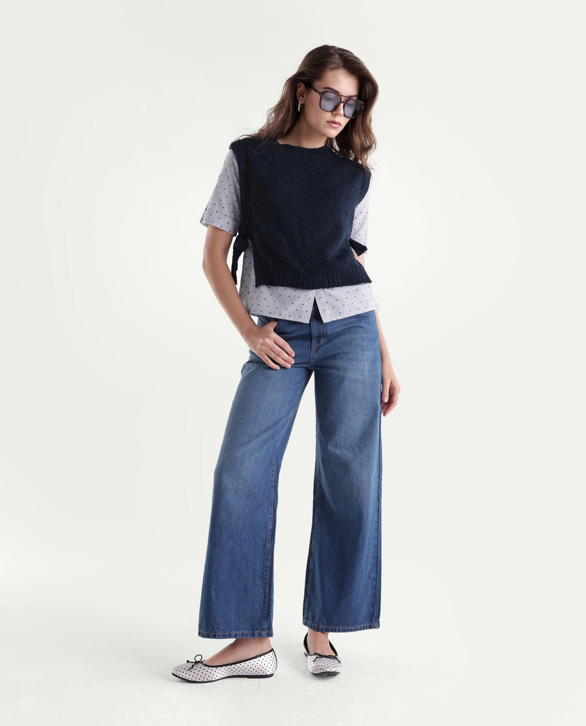 Rareism Women's Liro Primary Navy Acrylic Blend Crew Neck Regular Striped Top