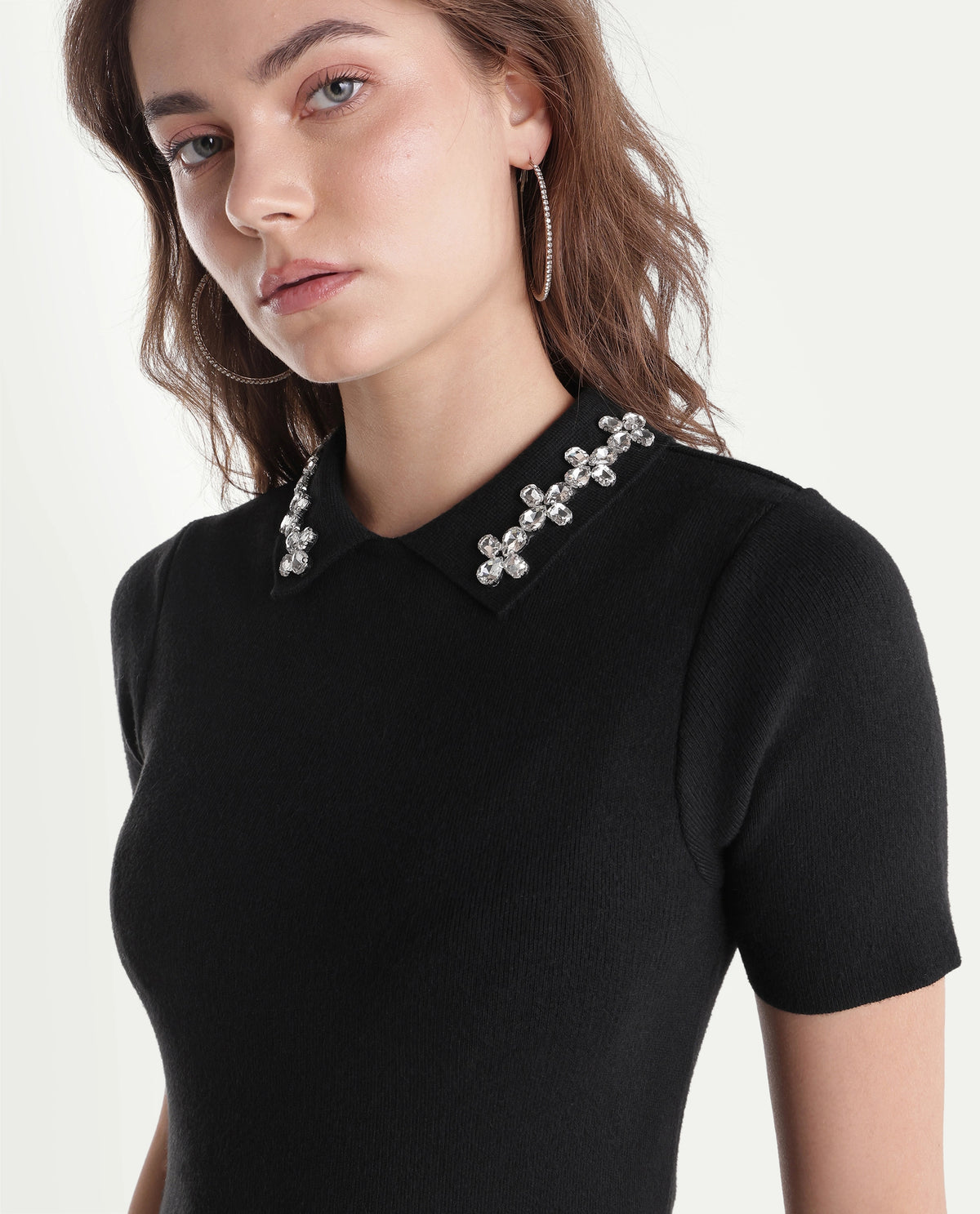 Rareism Women's Less Primary Black Viscose Blend Spread Collar Fitted Plain Dress