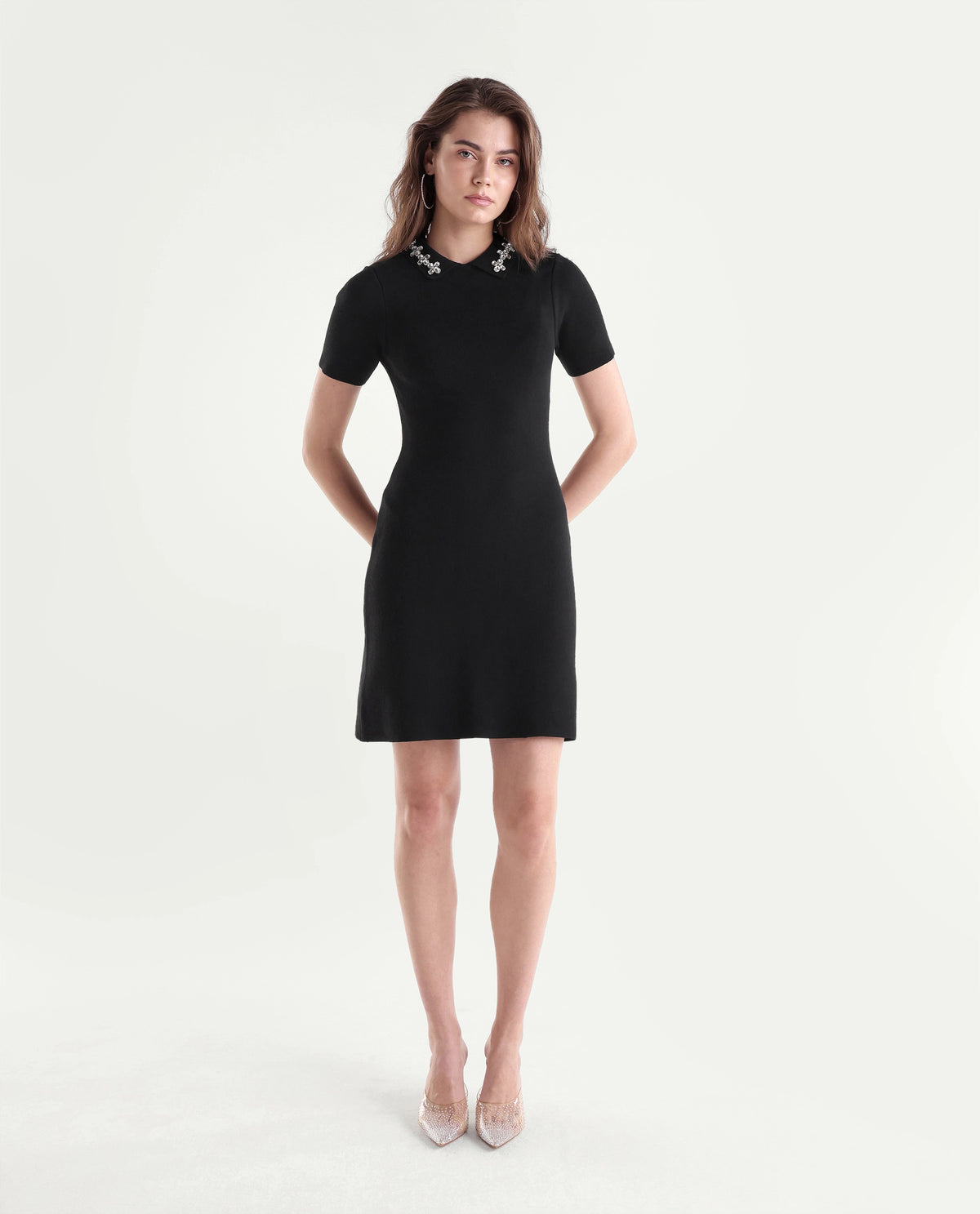 Rareism Women's Less Primary Black Viscose Blend Spread Collar Fitted Plain Dress