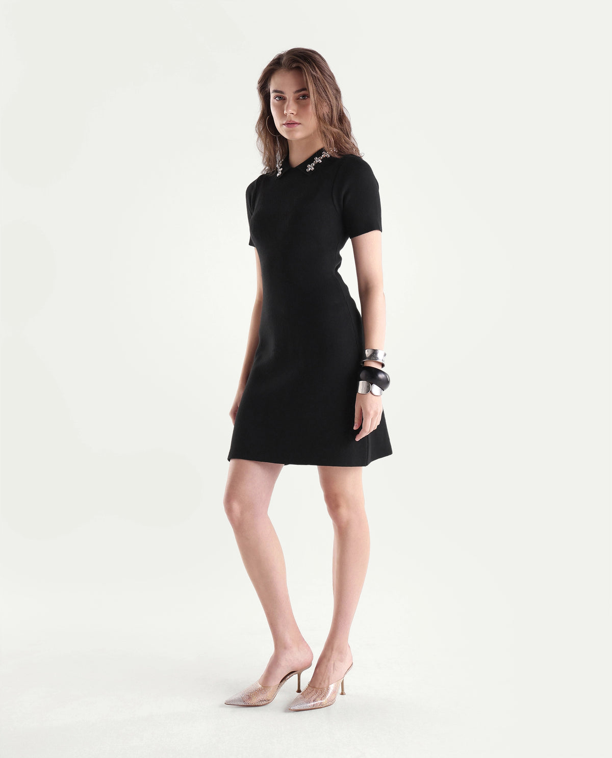 Rareism Women's Less Primary Black Viscose Blend Spread Collar Fitted Plain Dress