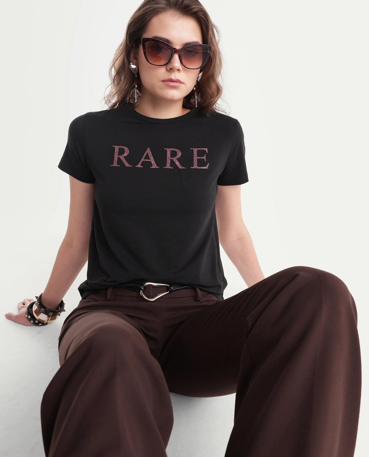 Rareism Women's Pemo Primary Black Cotton Blend Crew Neck Regular Typography Print T-Shirt