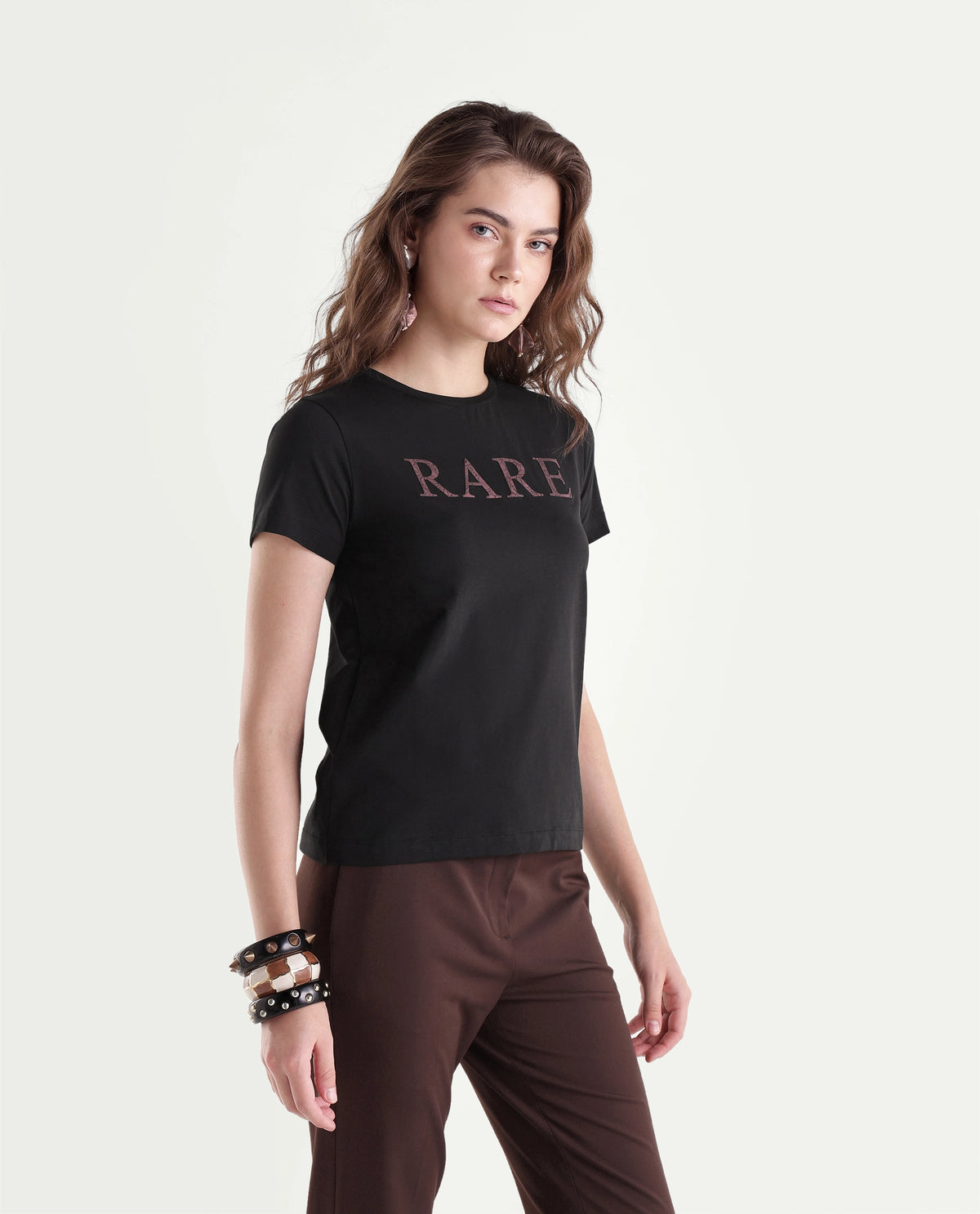 Rareism Women's Pemo Primary Black Cotton Blend Crew Neck Regular Typography Print T-Shirt