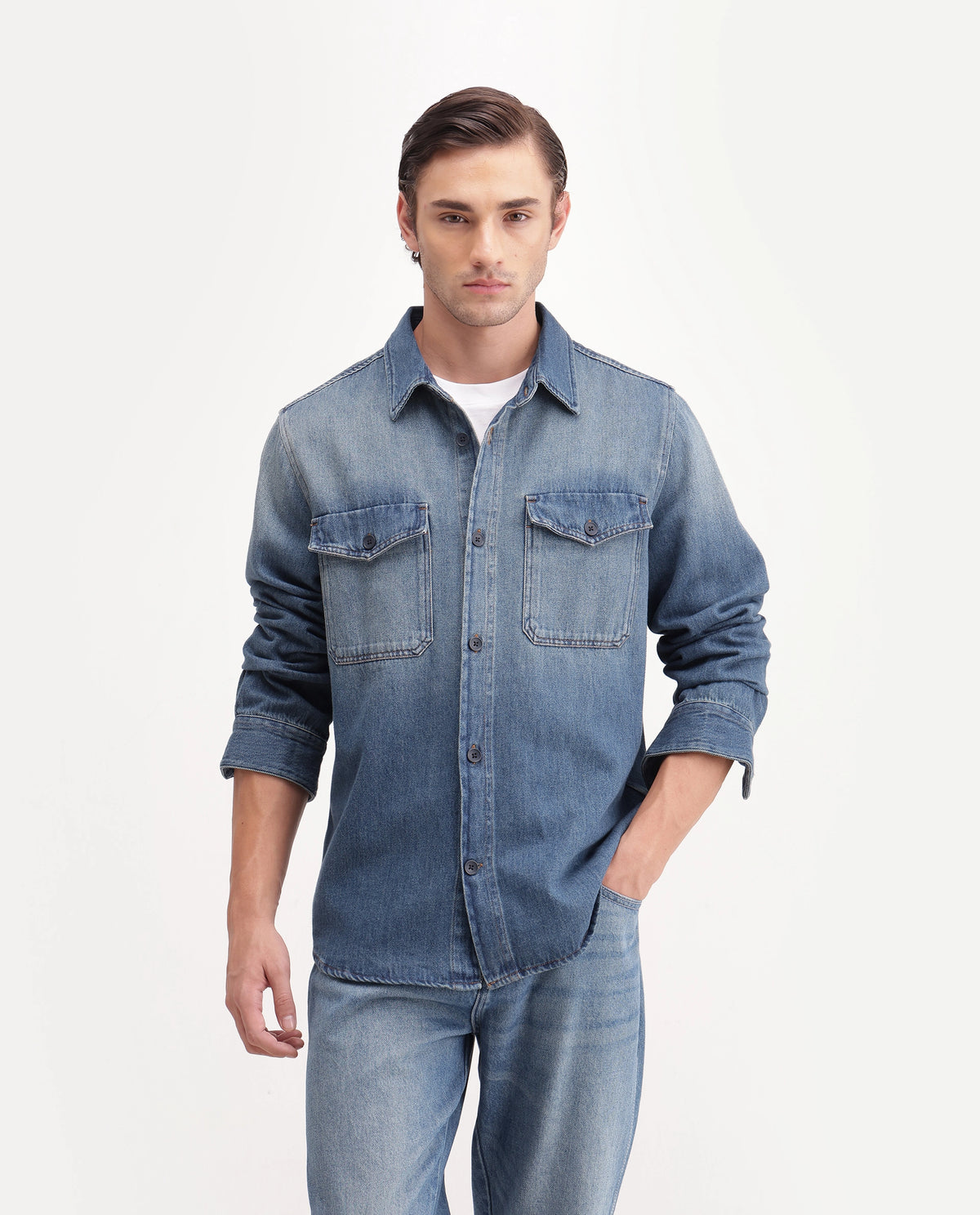 Rare Rabbit Men's Rong Primary Blue Cotton Spread Collar Regular Plain Shacket