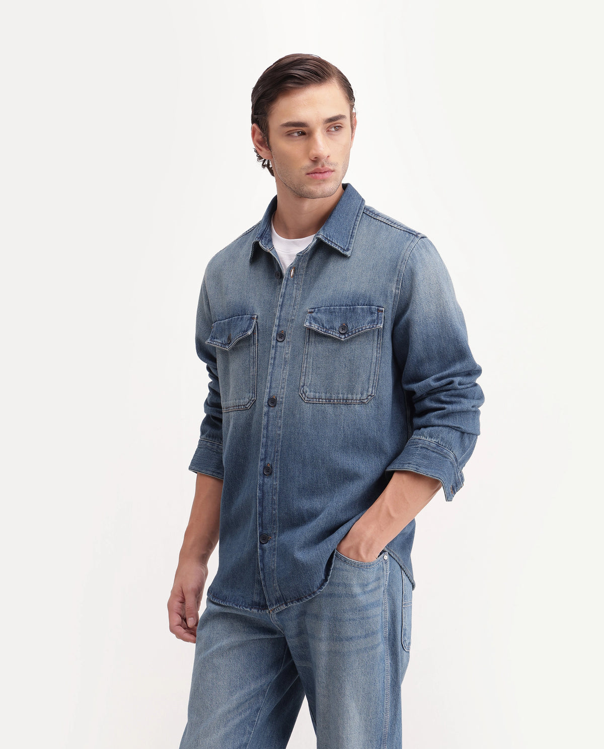 Rare Rabbit Men's Rong Primary Blue Cotton Spread Collar Regular Plain Shacket