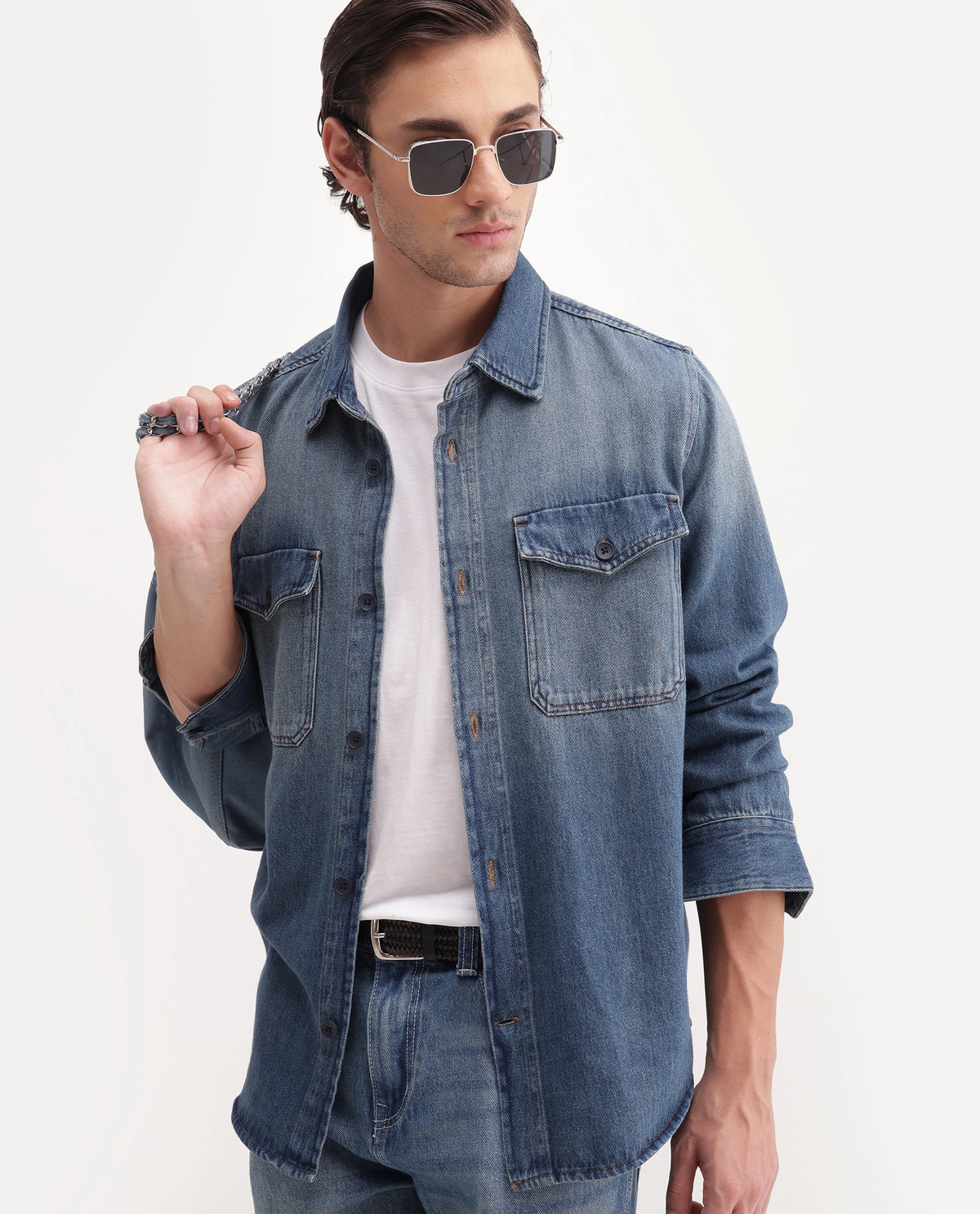 Rare Rabbit Men's Rong Primary Blue Cotton Spread Collar Regular Plain Shacket