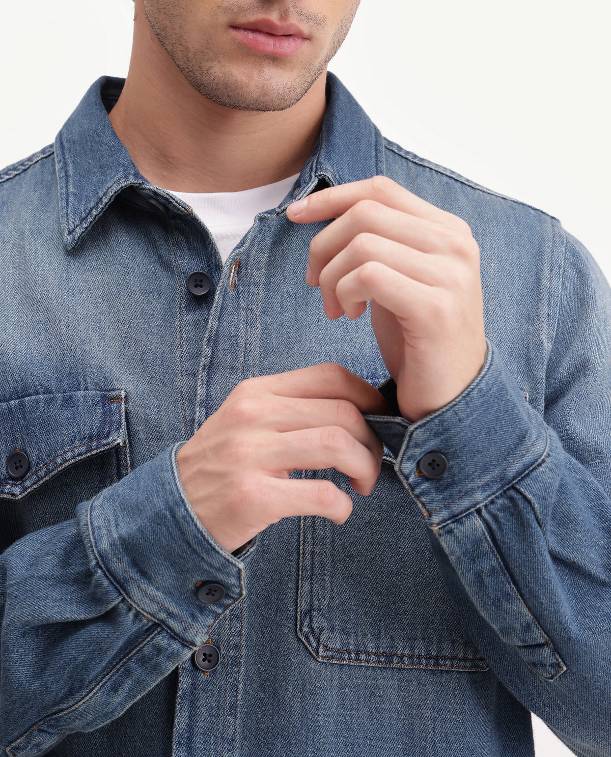 Rare Rabbit Men's Rong Primary Blue Cotton Spread Collar Regular Plain Shacket