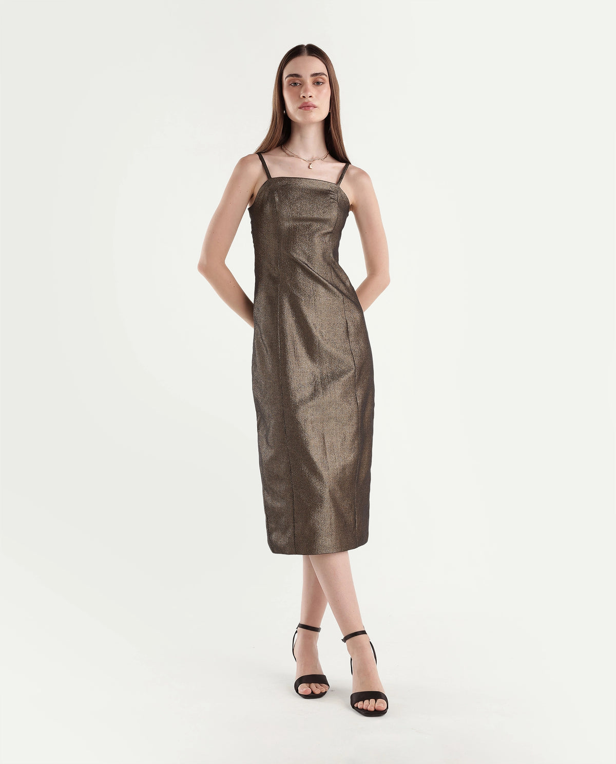 Rareism Women's Xoam Gold Polyester Blend Tube Neck Sheath Jacquard Dress - image 1