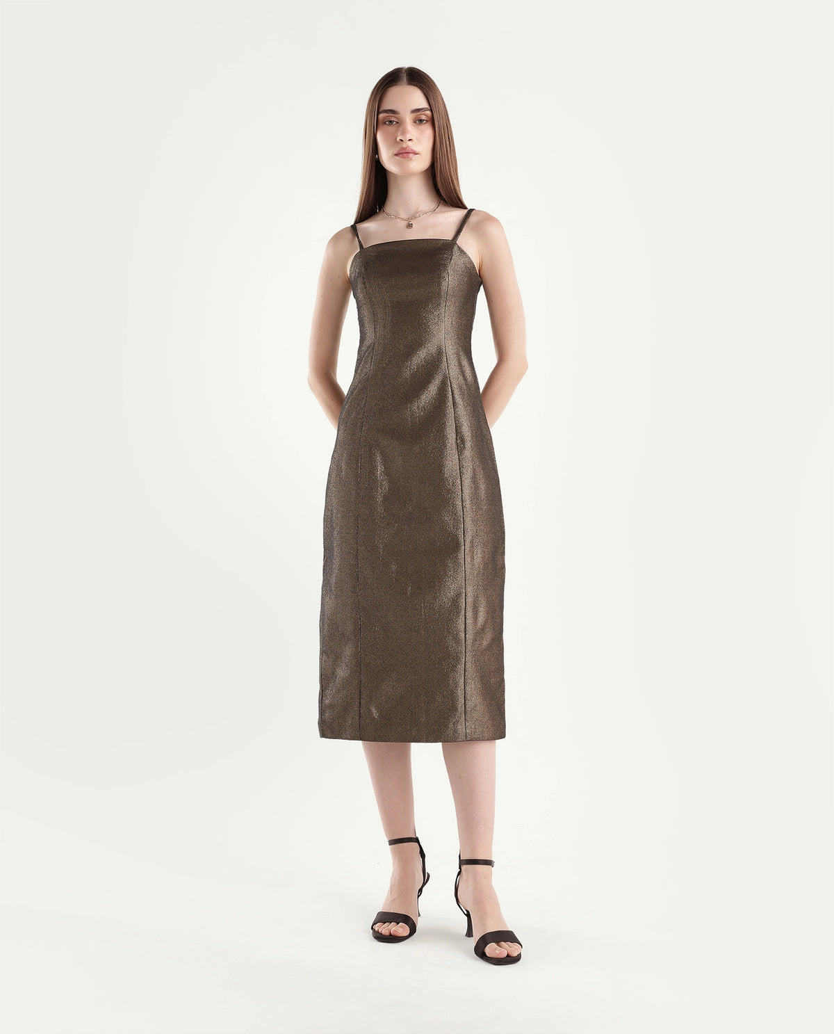 Rareism Women's Xoam Gold Polyester Blend Tube Neck Sheath Jacquard Dress - image 2