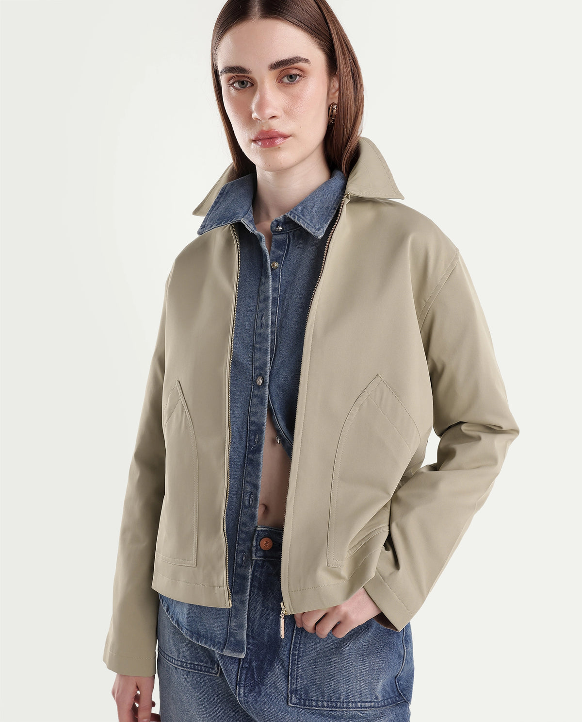 Rareism Women's Kru Beige Polyester Spread Collar Zipper Regular Plain Jacket - image 1
