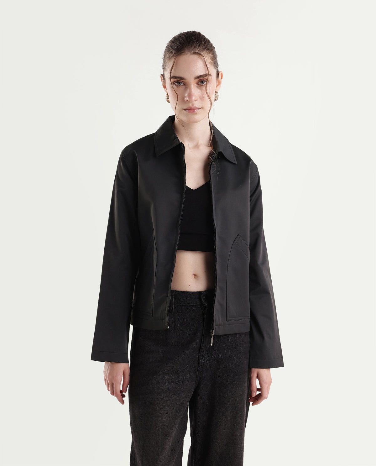 Rareism Women's Kru Black Polyester Spread Collar Zipper Regular Plain Jacket - image 6