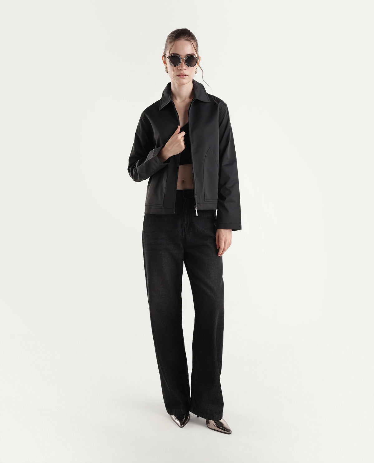 Rareism Women's Kru Black Polyester Spread Collar Zipper Regular Plain Jacket - image 2