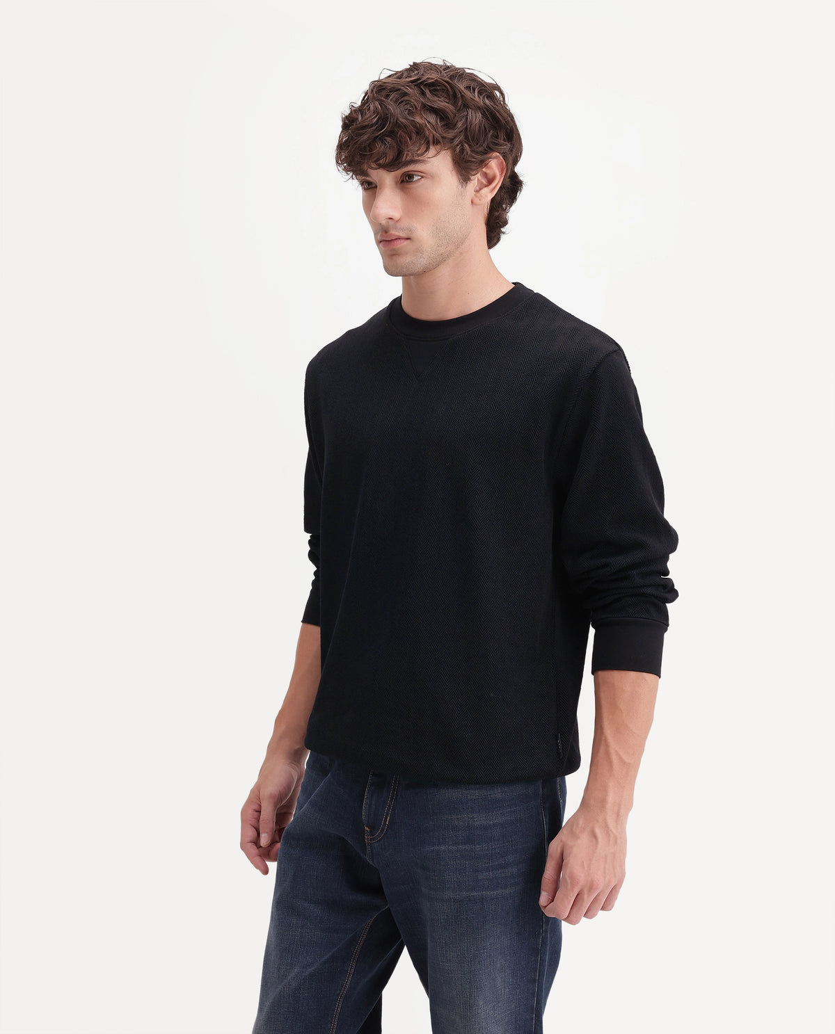 Rare Rabbit Men's Yargi Black Cotton Blend Crew Neck Regular Jacquard Sweatshirt