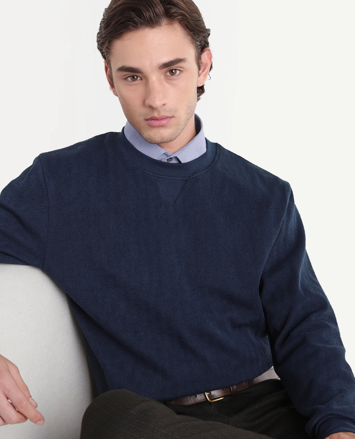 Rare Rabbit Men's Yargi Primary Navy Cotton Blend Crew Neck Regular Jacquard Sweatshirt