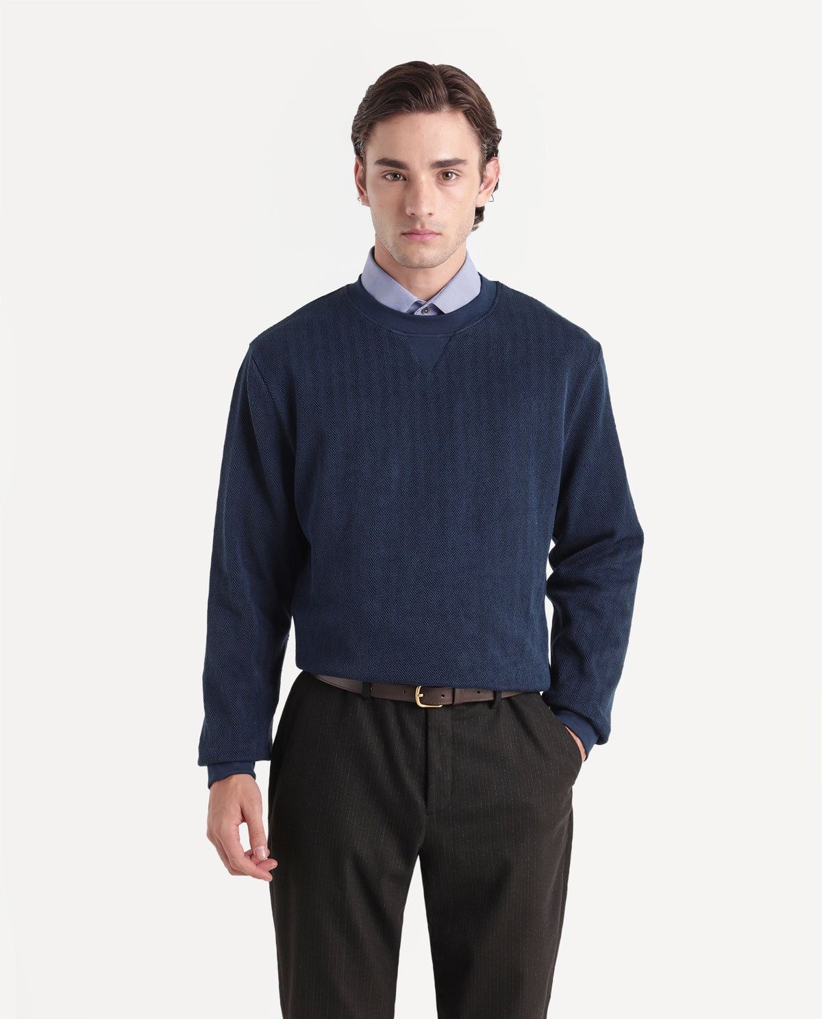 Rare Rabbit Men's Yargi Primary Navy Cotton Blend Crew Neck Regular Jacquard Sweatshirt