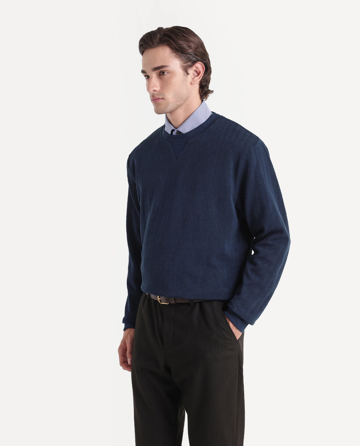 Rare Rabbit Men's Yargi Primary Navy Cotton Blend Crew Neck Regular Jacquard Sweatshirt