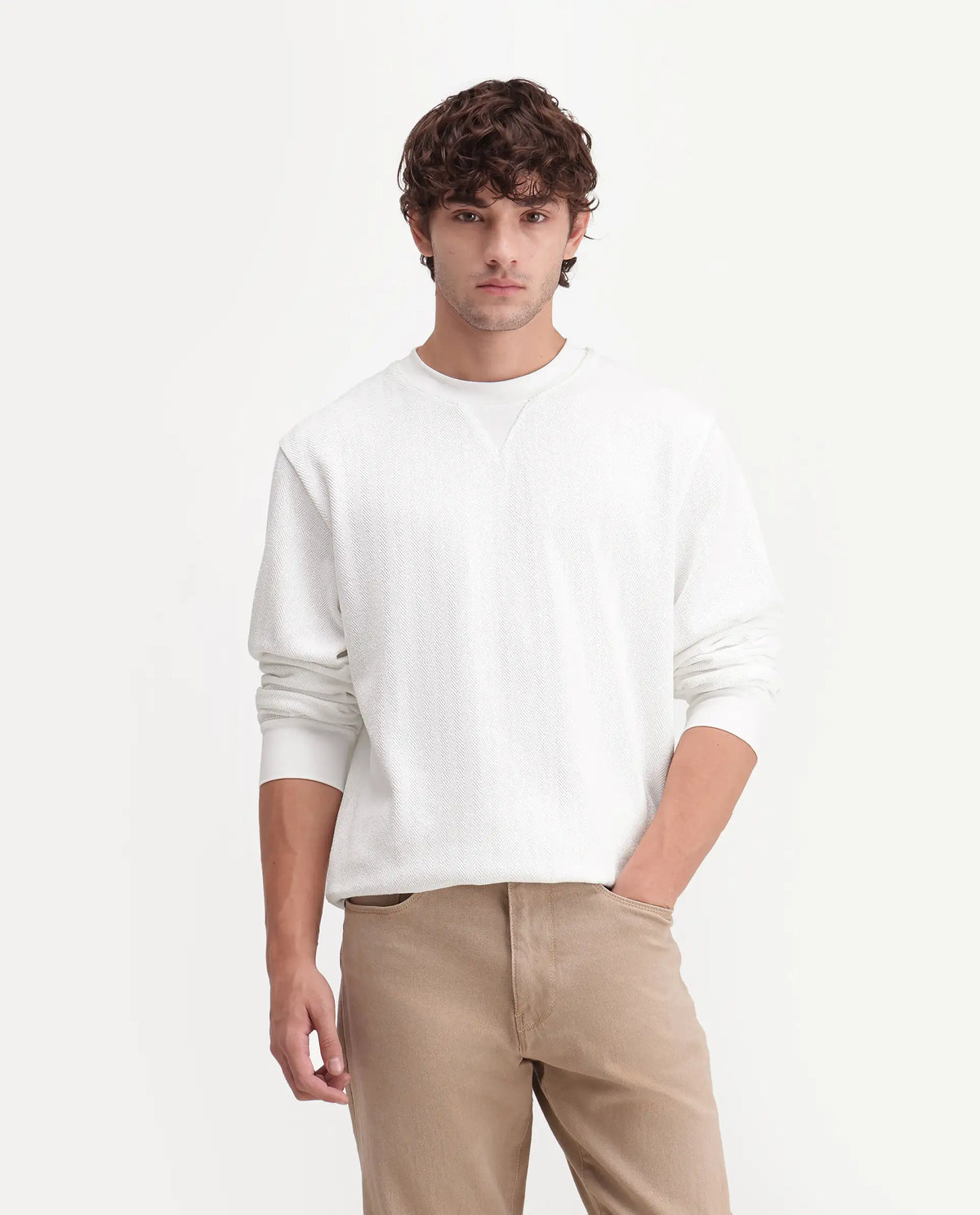 Rare Rabbit Men's Yargi Primary Off White Cotton Blend Crew Neck Regular Jacquard Sweatshirt