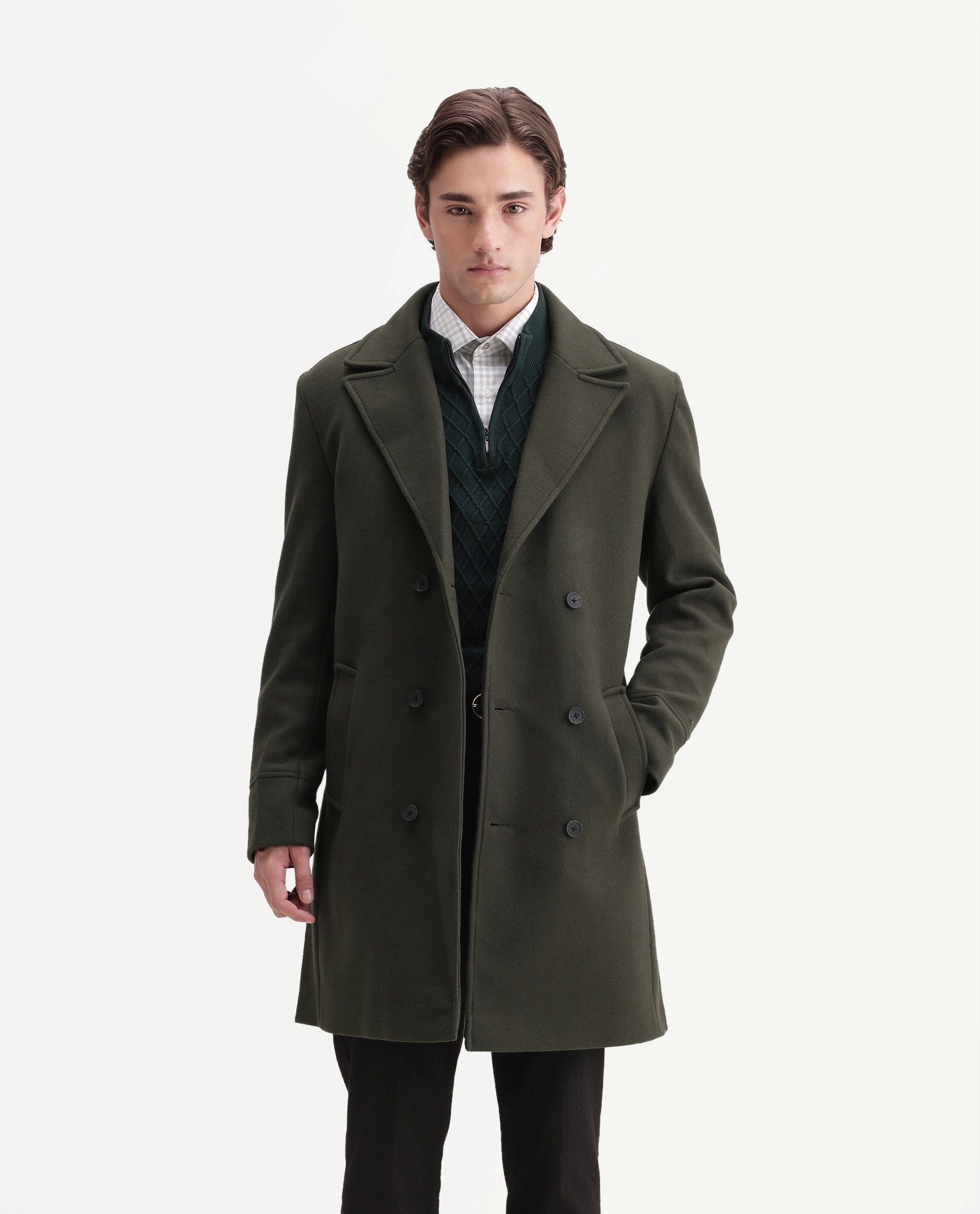 Rare Rabbit Men's Ryan Olive Polyester Blend Lapel Neck Button Regular Plain Jacket