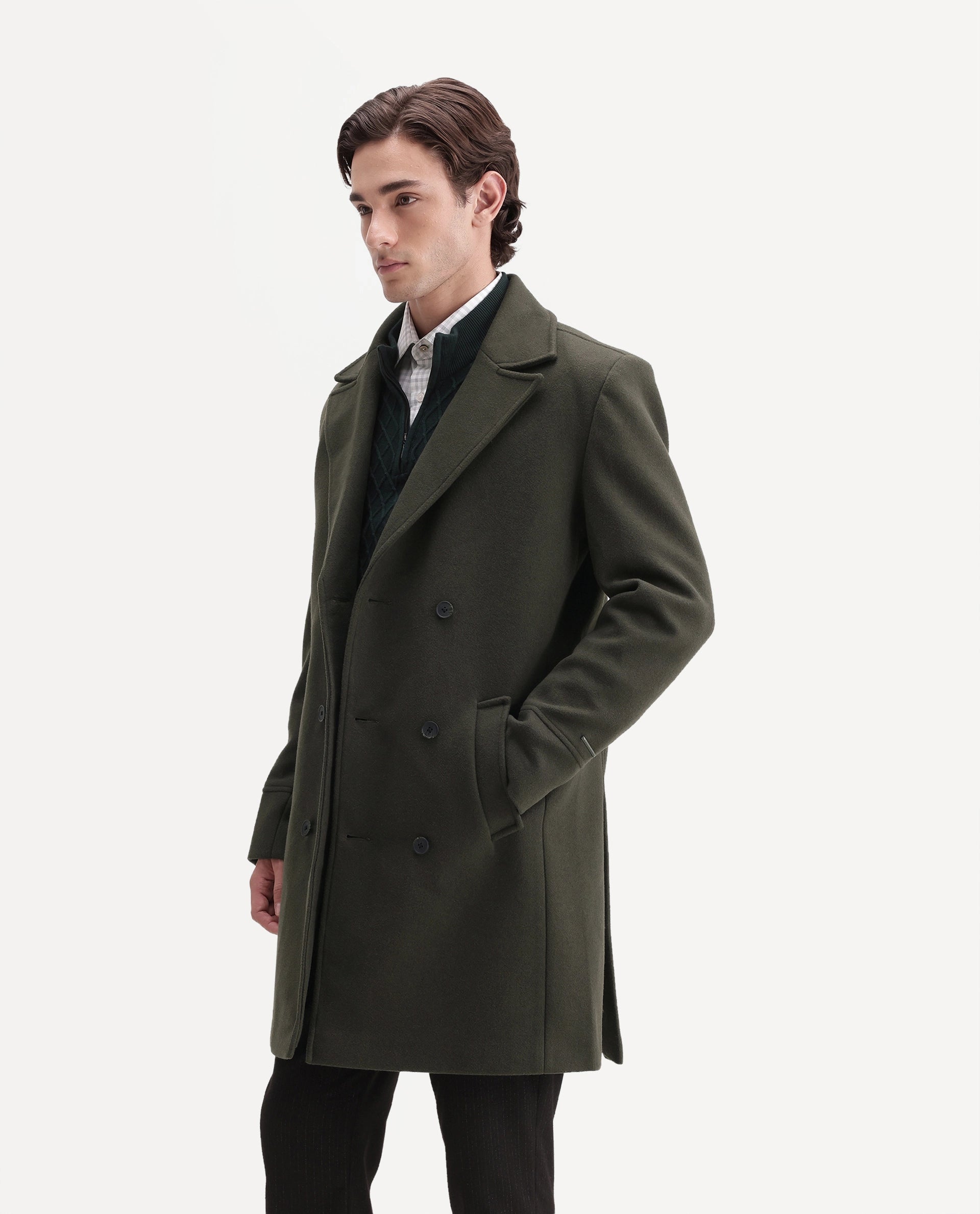 Rare Rabbit Men's Ryan Olive Polyester Blend Lapel Neck Button Regular Plain Jacket